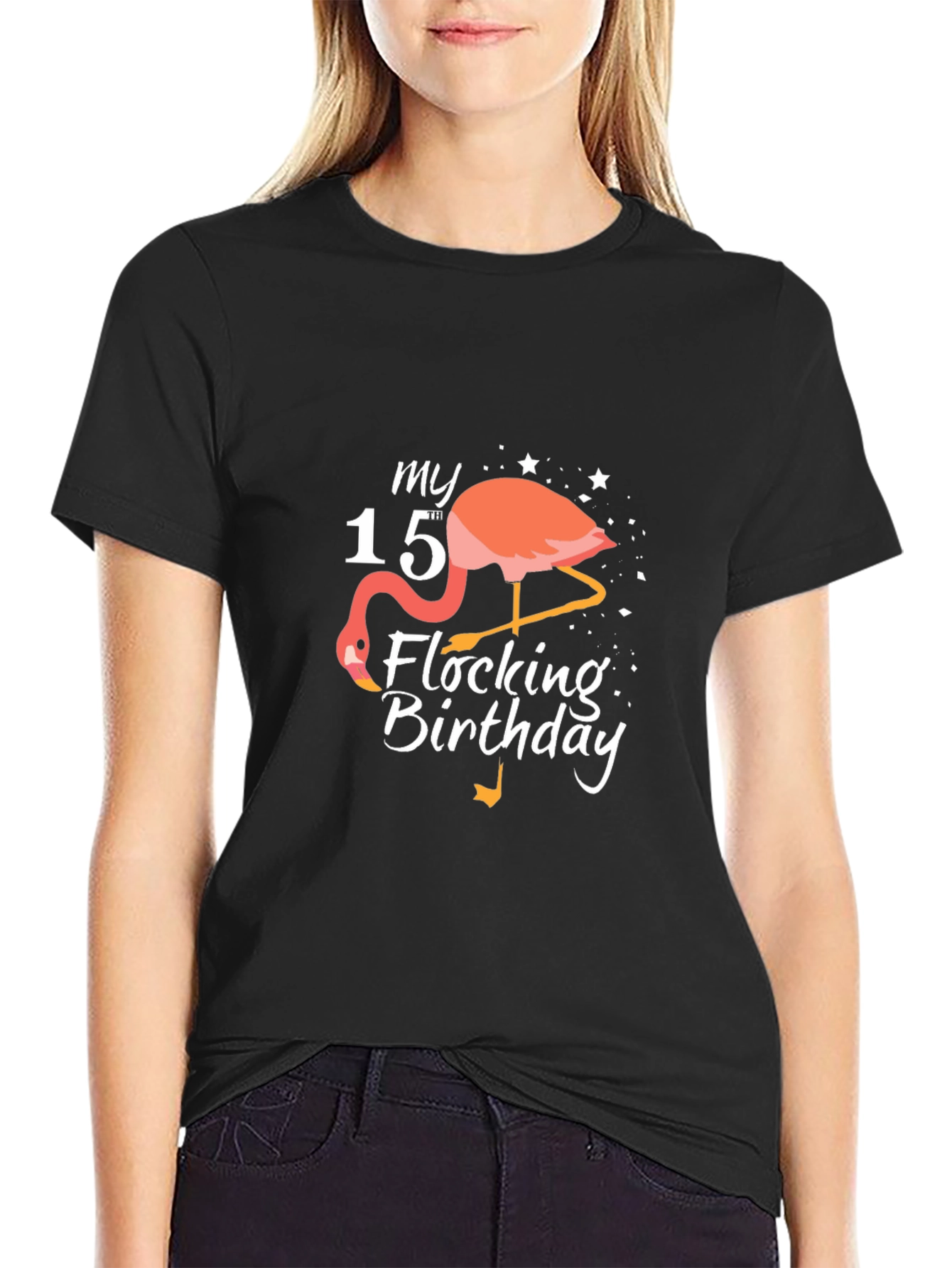 Black My 15th Flocking Birthday T-Shirt Flamingo view 2