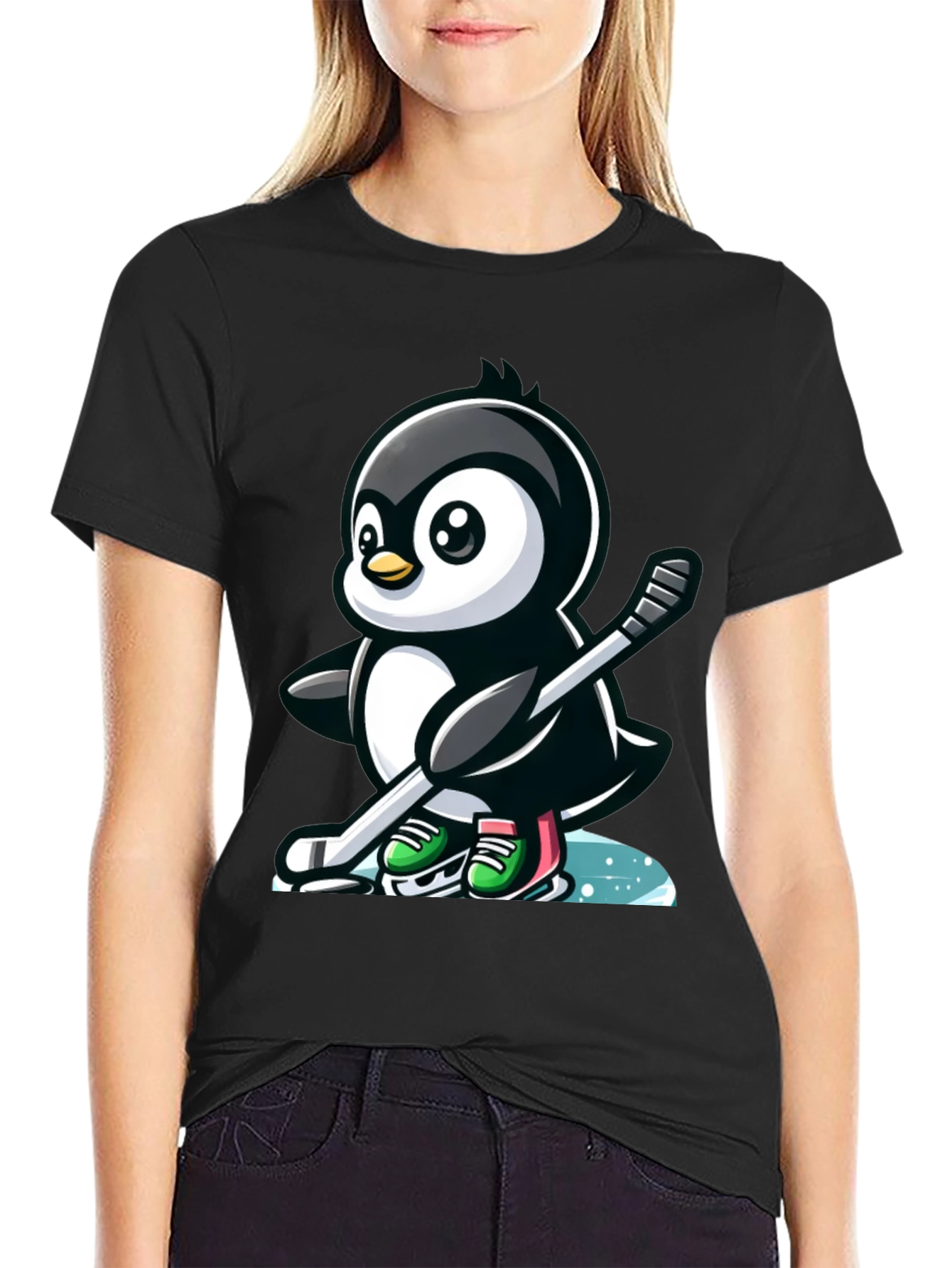 Black Hockey Penguin T-Shirt - Cool Cartoon Tee view 2