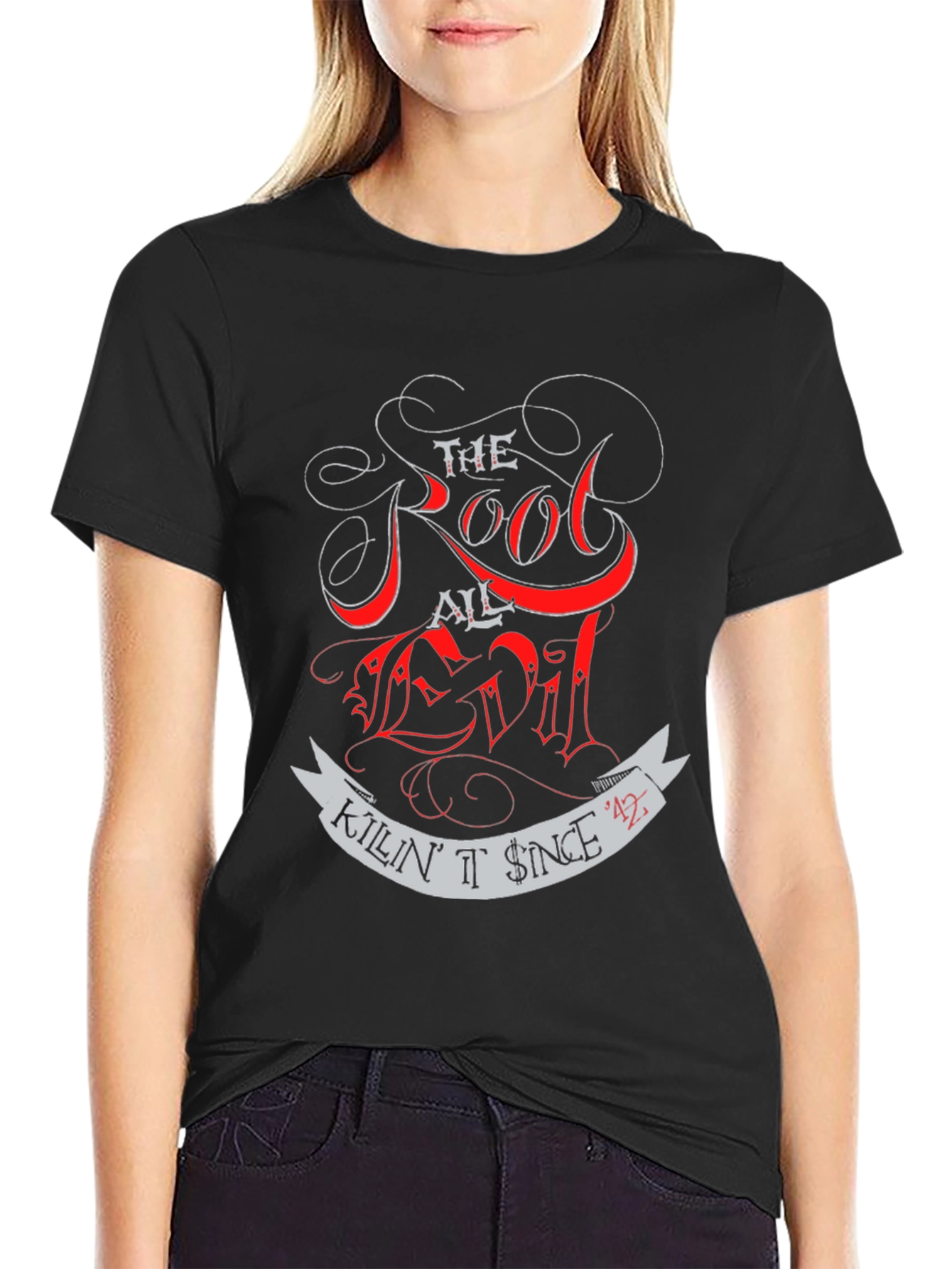 Black Root of All Evil T-Shirt - Killin' It Since '42 view 2