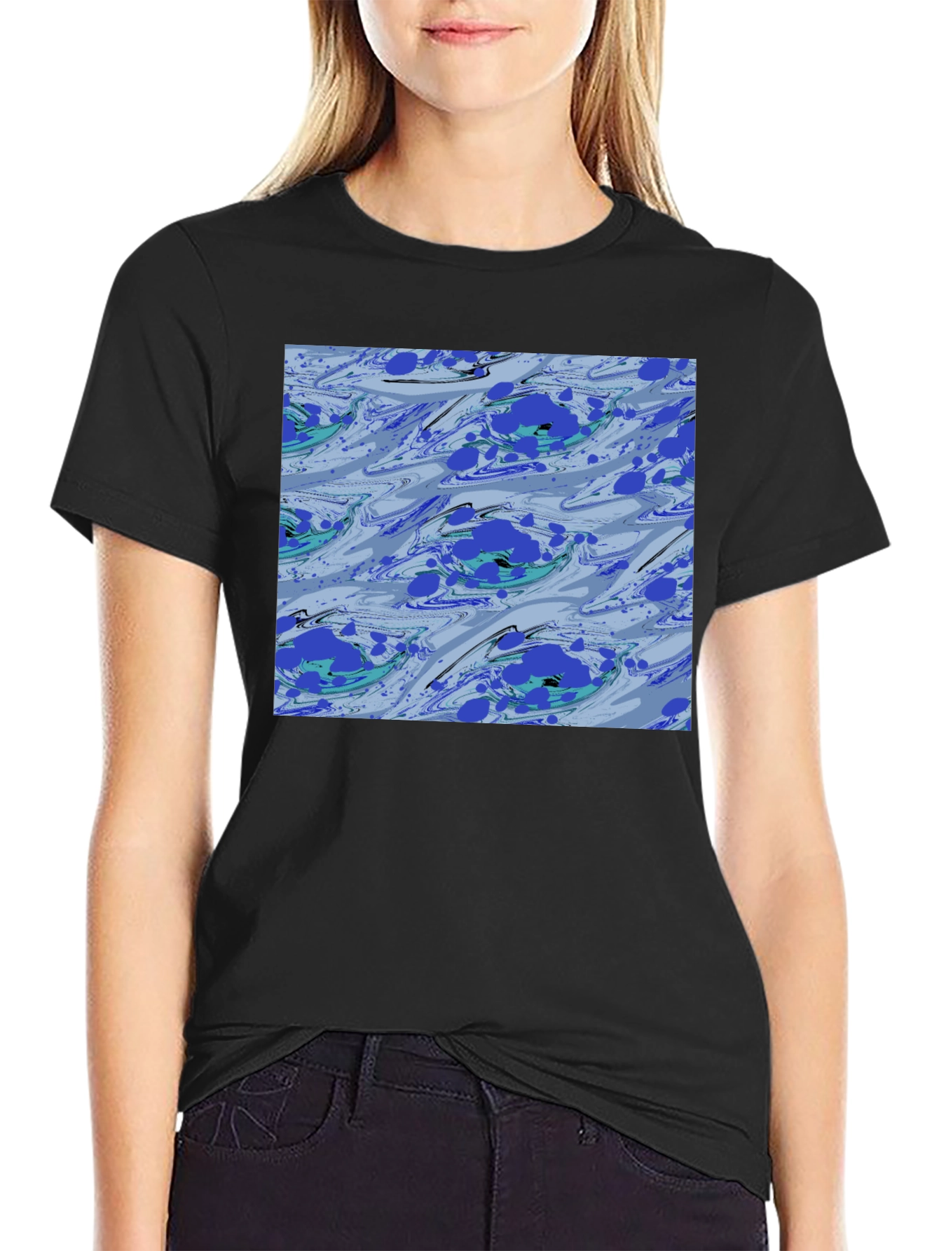 Black Abstract Blue Pattern Black T-Shirt view 2