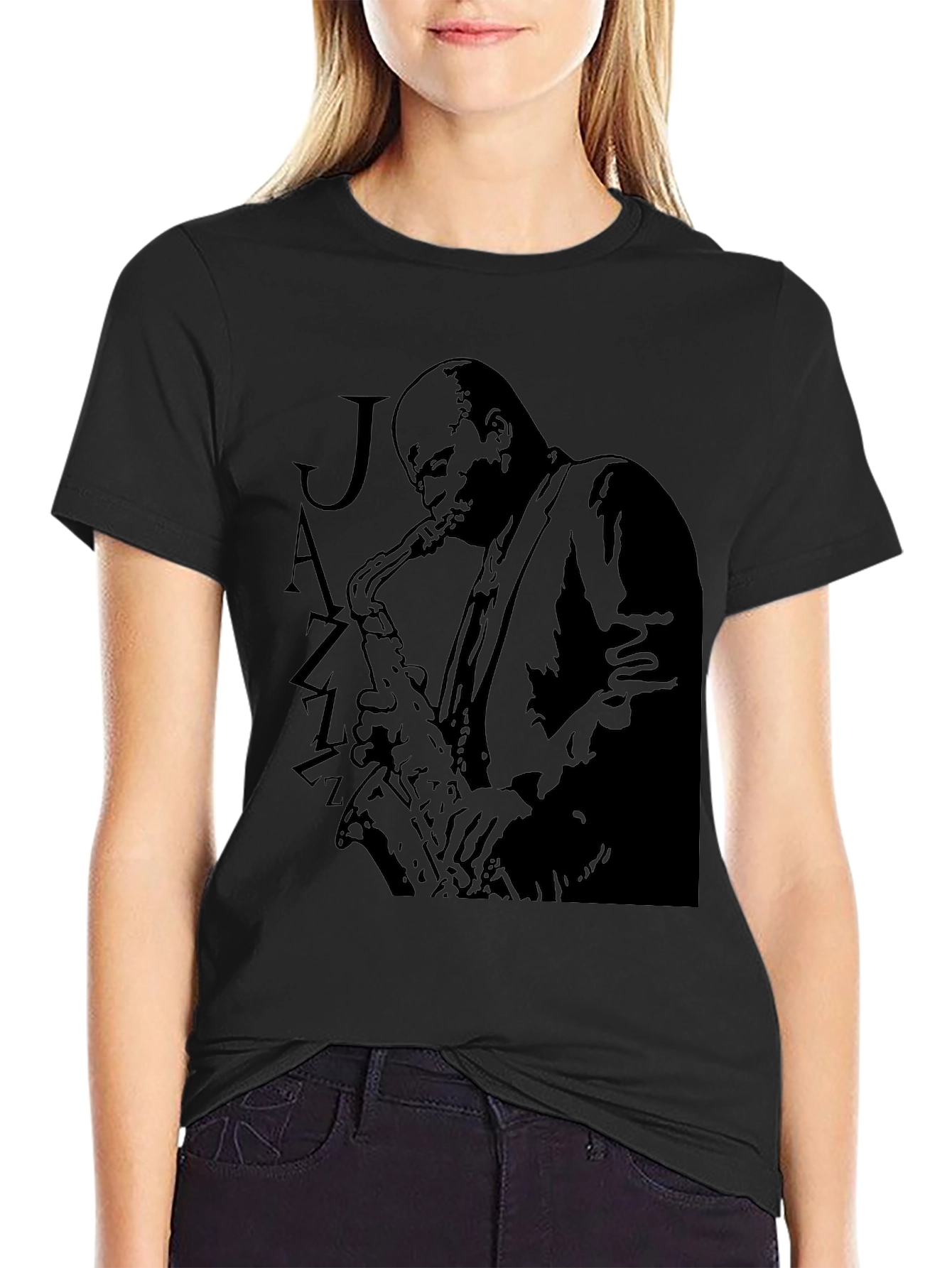 Black Jazz Saxophone Player Graphic T-Shirt view 2