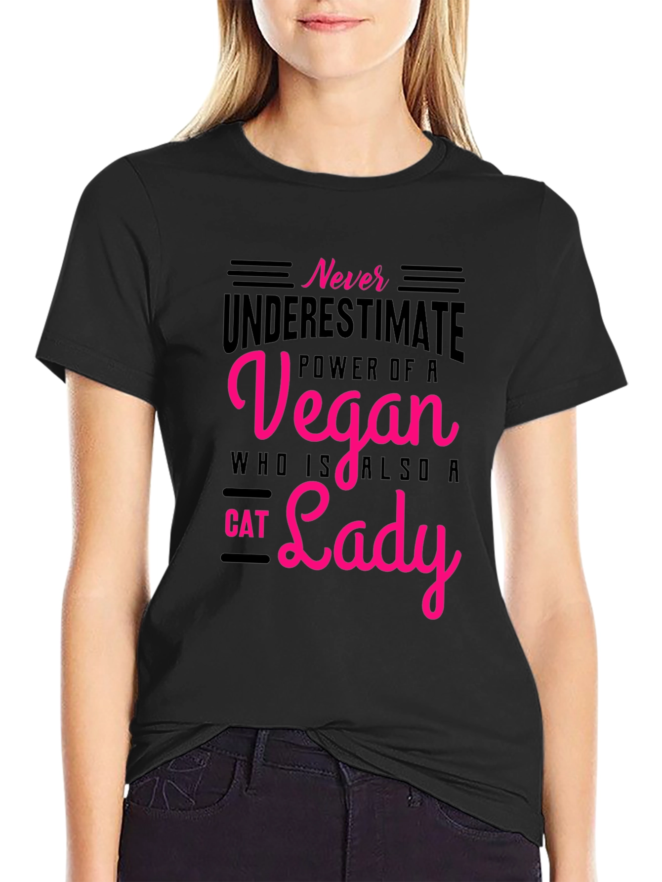 Black Vegan Cat Lady T-Shirt: Never Underestimate the Power! view 2