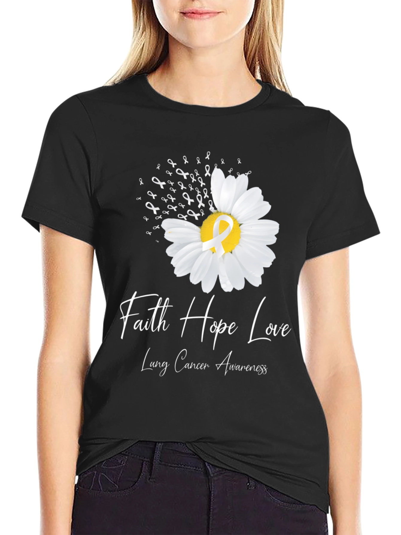 Black Faith Hope Love Lung Cancer Awareness T-Shirt view 2