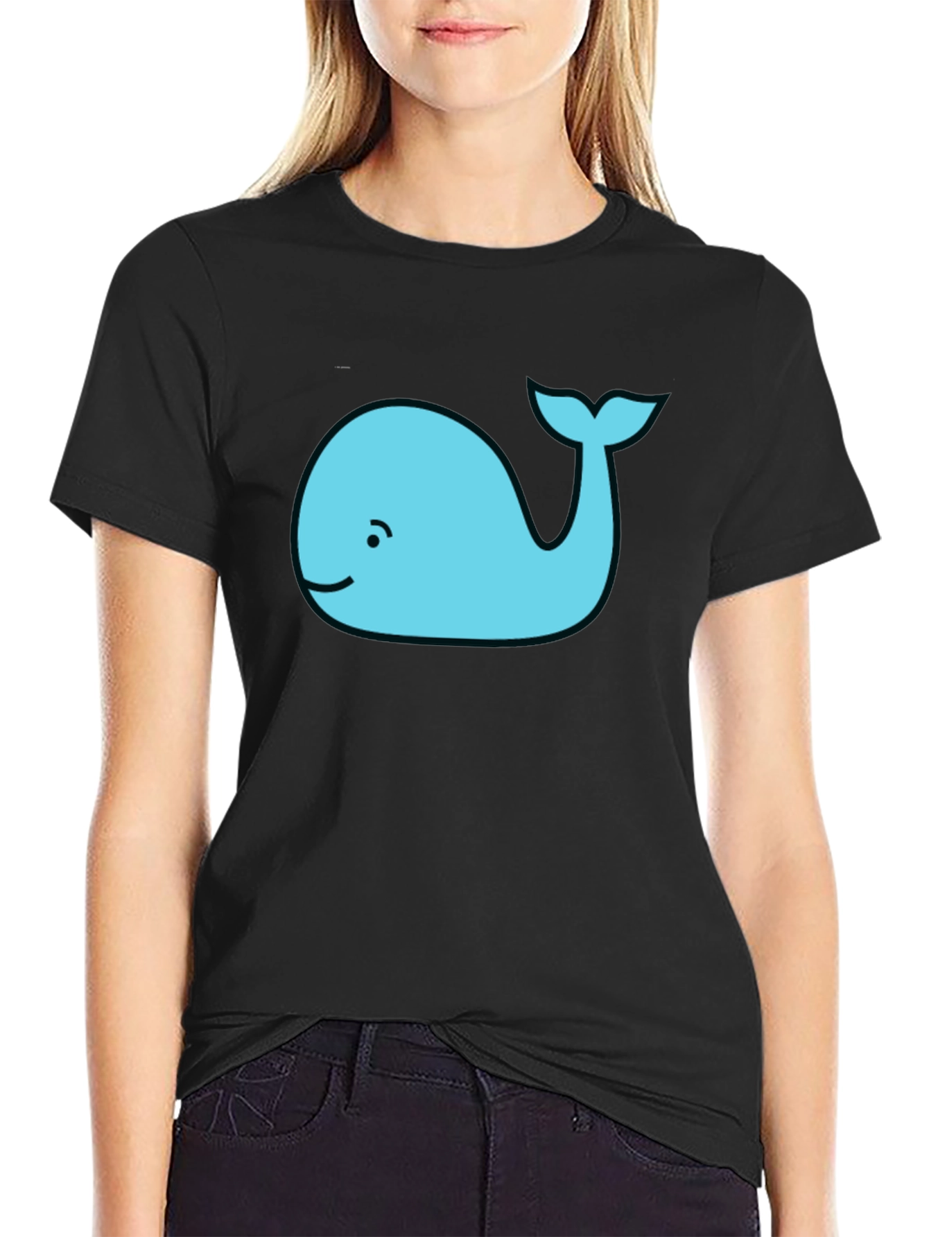 Black Cute Whale Graphic Tee - Black Cotton T-Shirt view 2