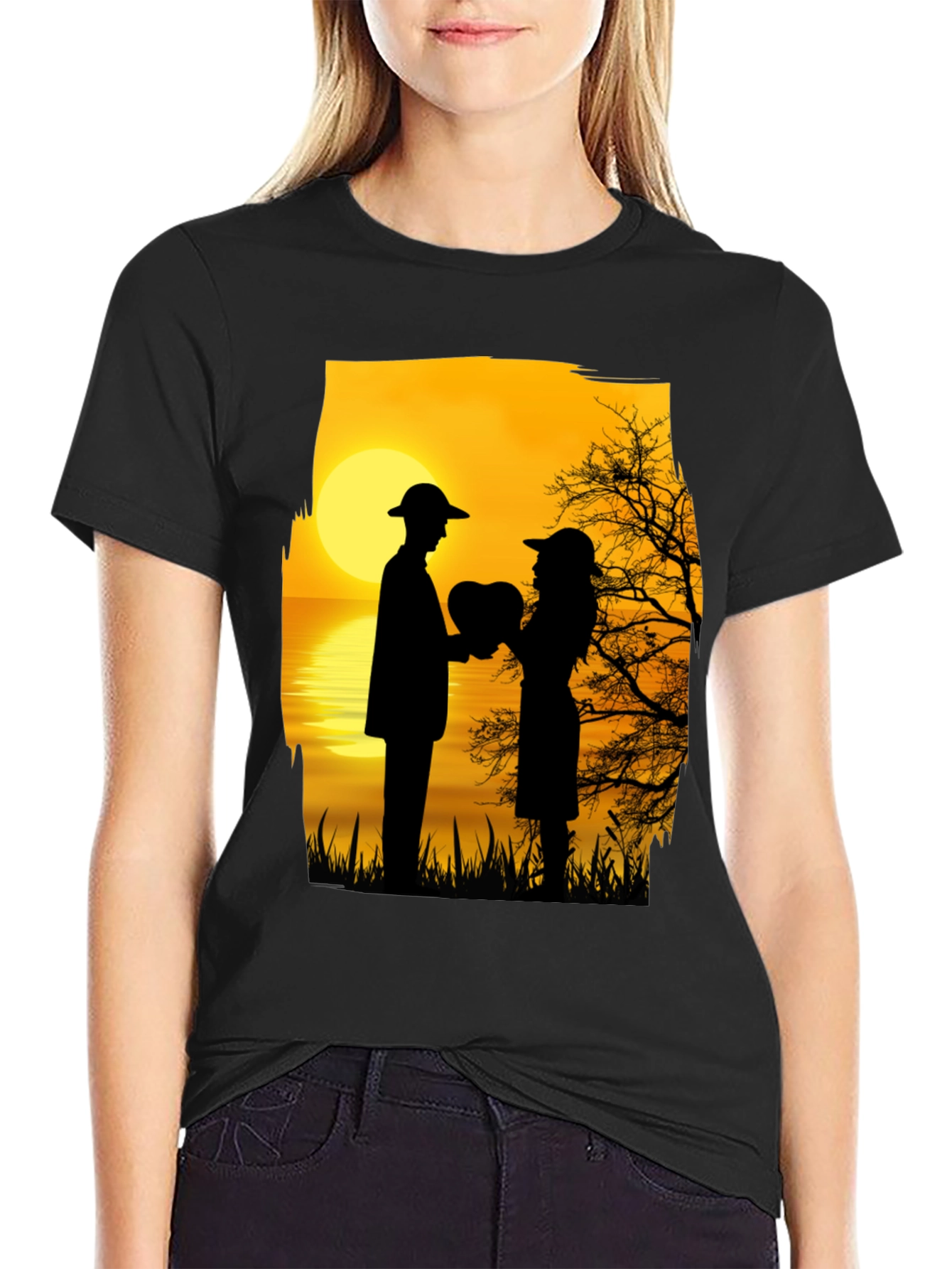 Black Romantic Sunset Silhouette T-Shirt view 2