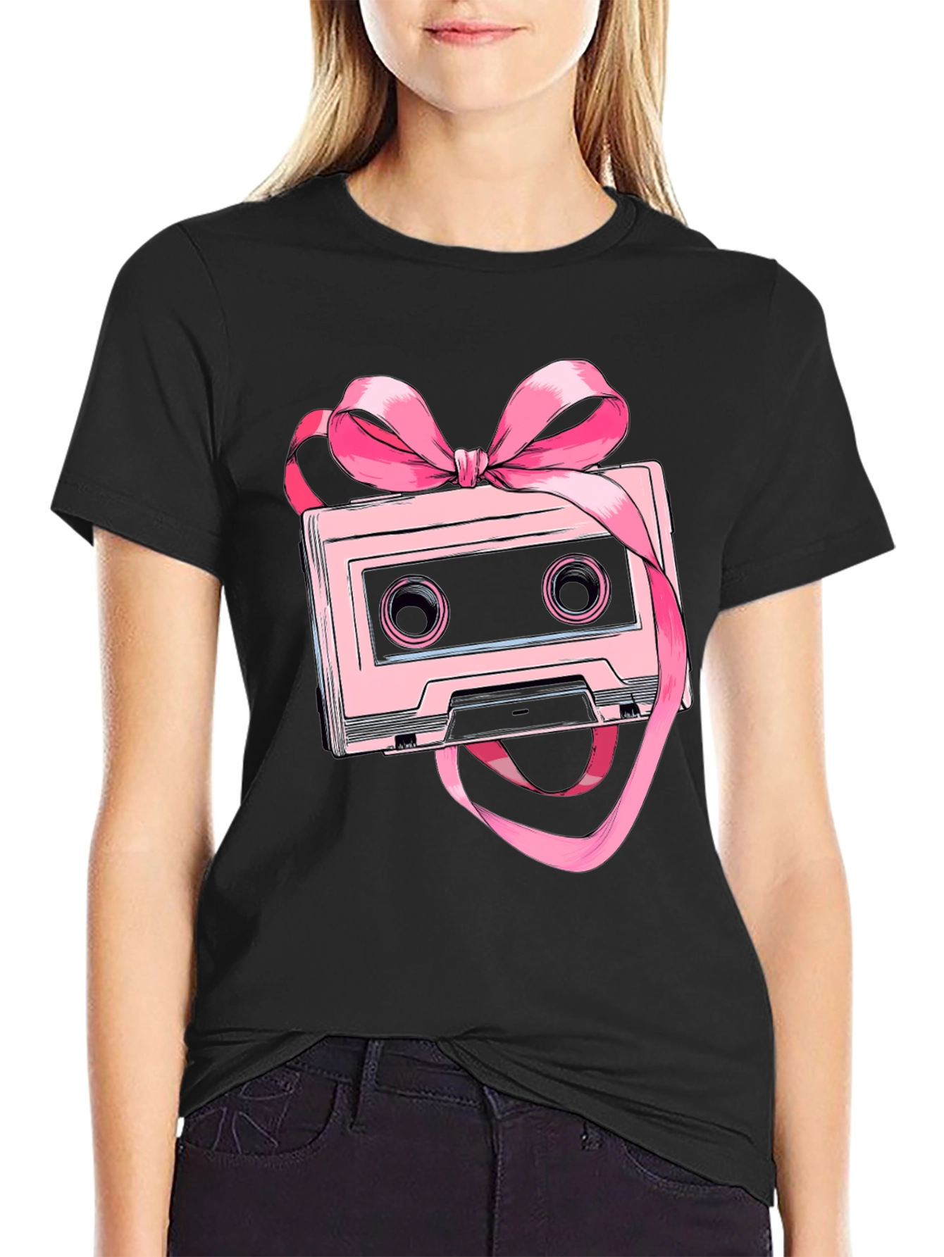 Black Retro Cassette Tape Pink Bow T-Shirt view 2