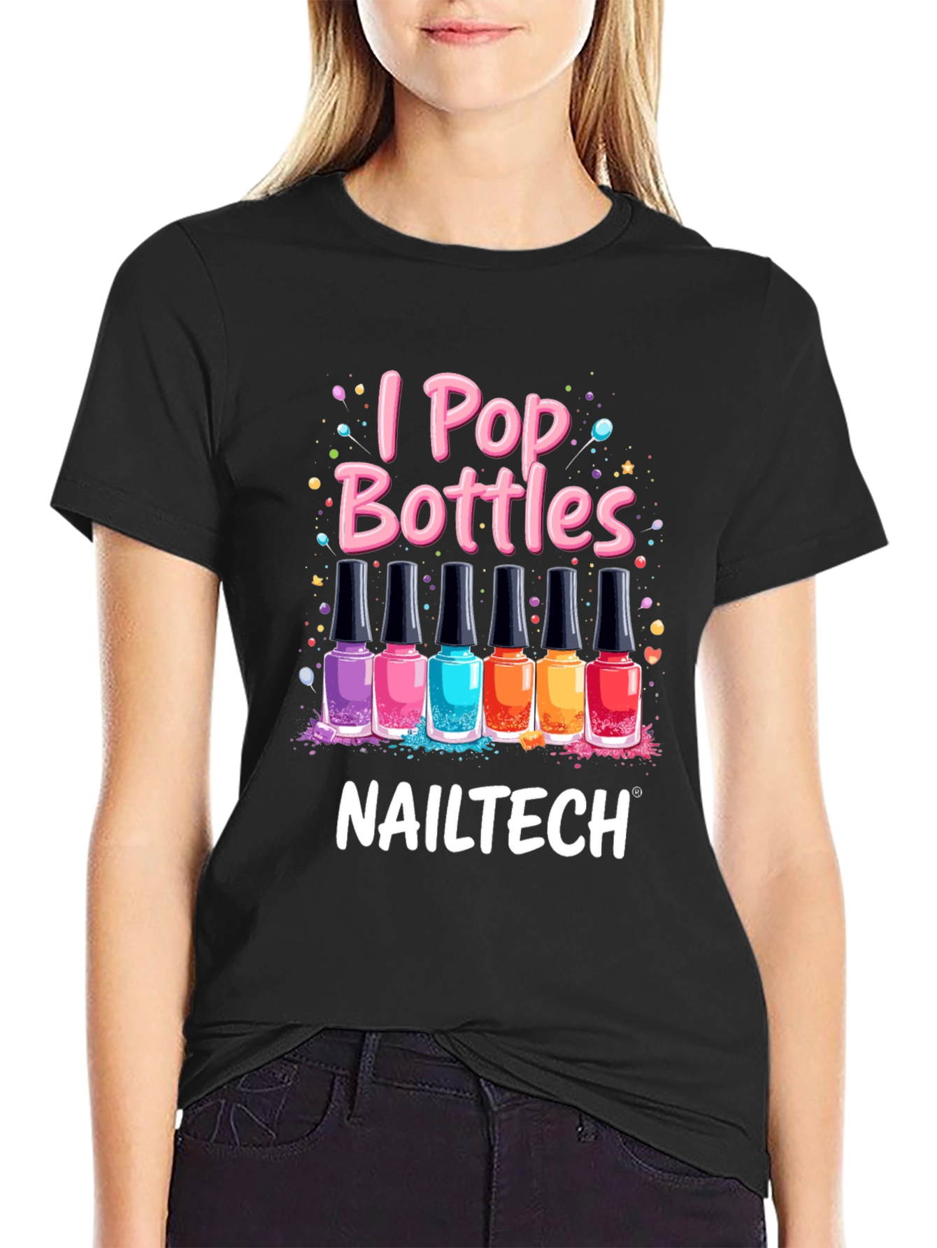 Black I Pop Bottles Nail Tech T-Shirt view 2