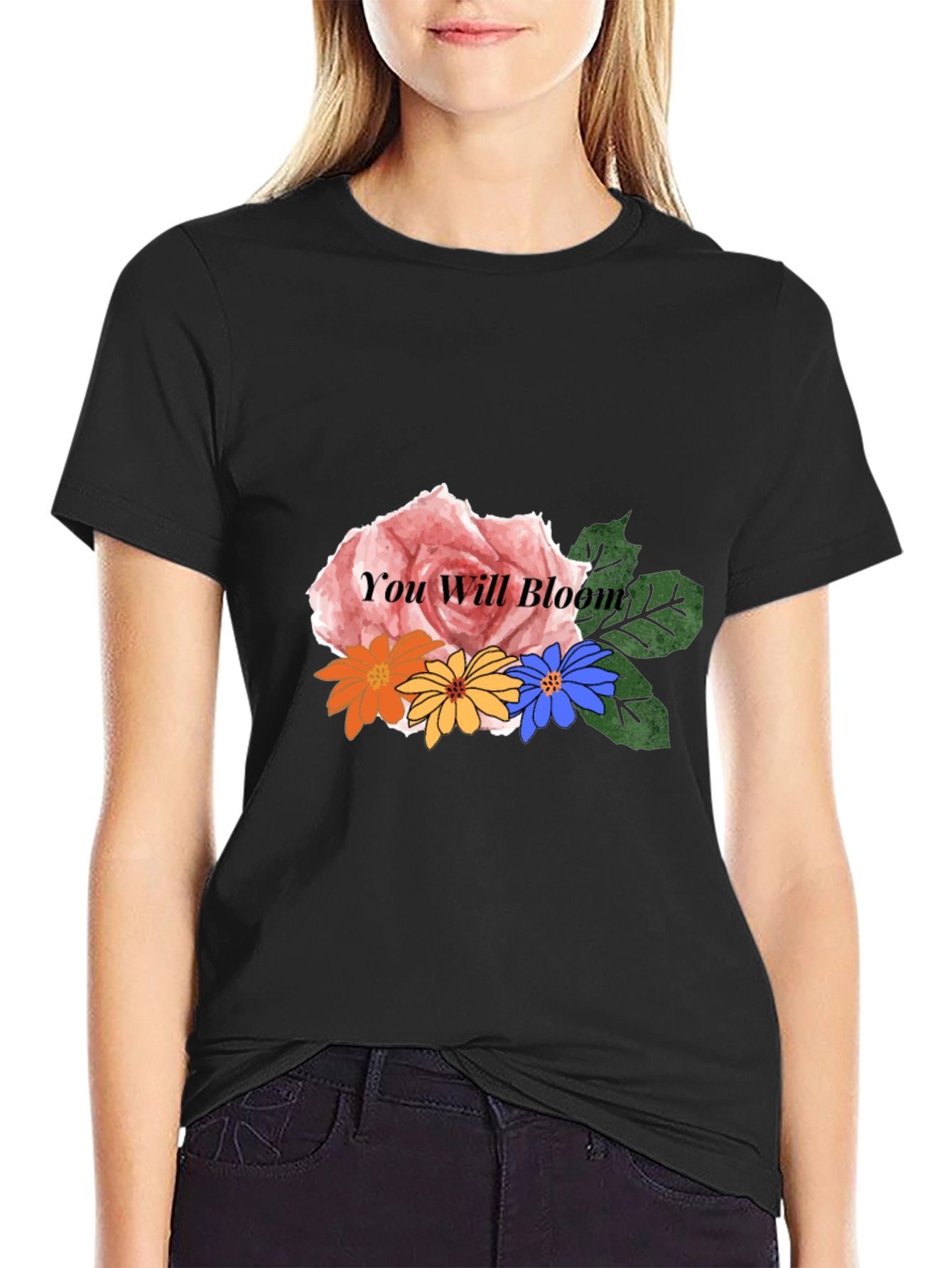 Black Floral 'You Will Bloom' Graphic Black T-Shirt view 2
