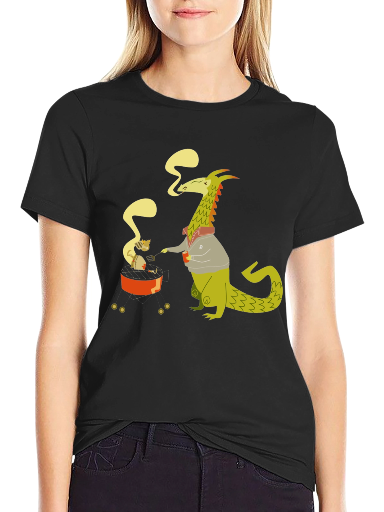 Black Dragon & Cat T-Shirt - Cartoon Graphic Tee view 2