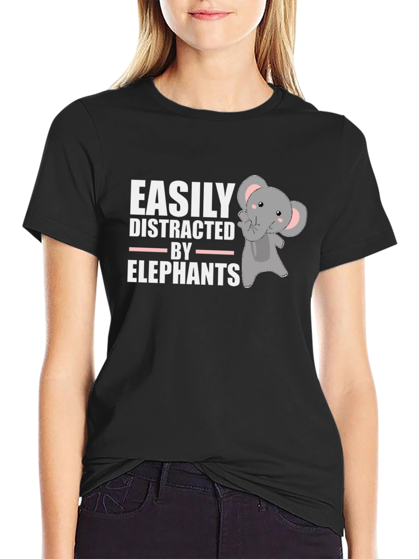 Black Easily Distracted By Elephants T-Shirt view 2