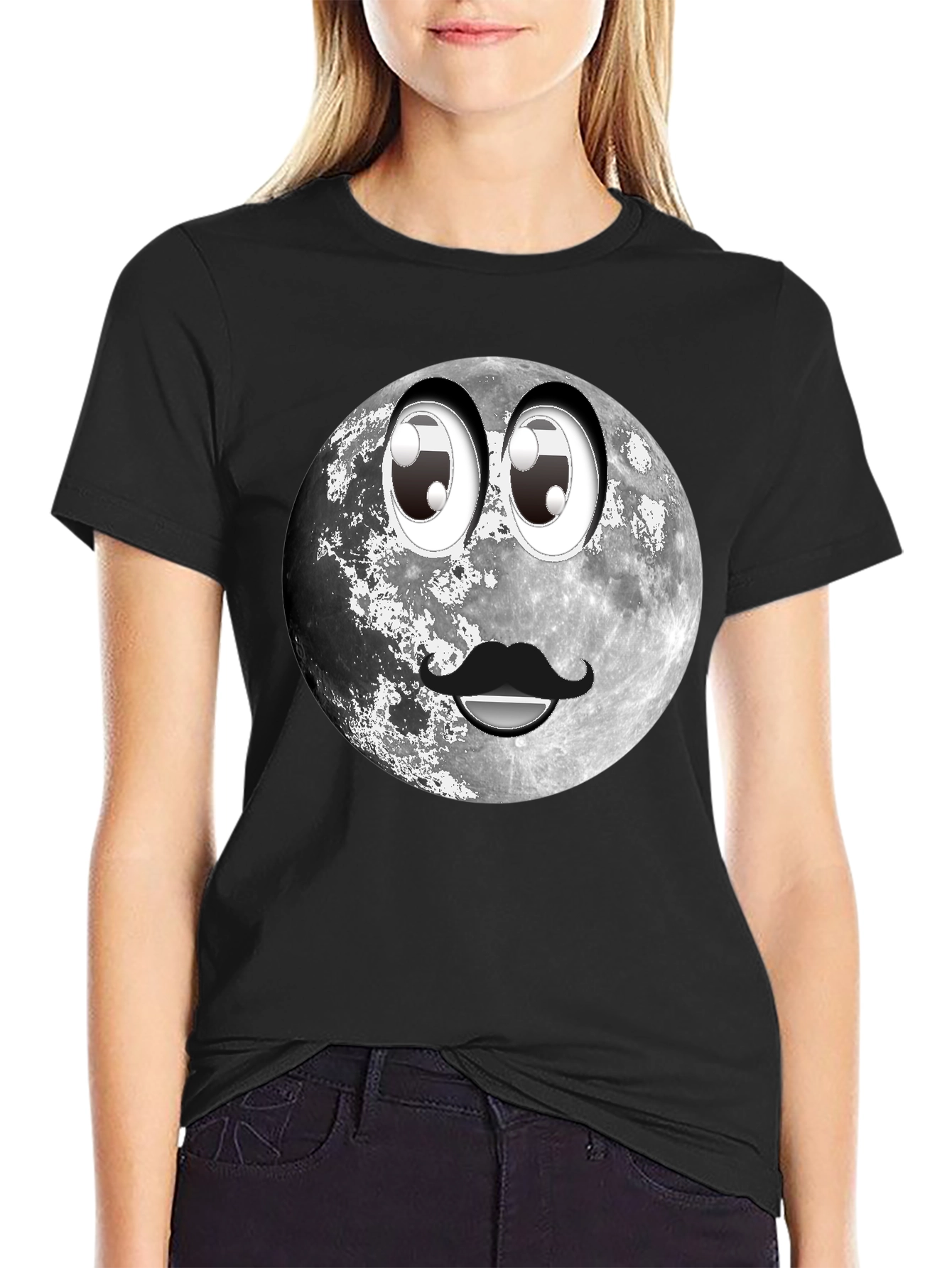 Black Humorous Moon Face Graphic Tee - Black view 2