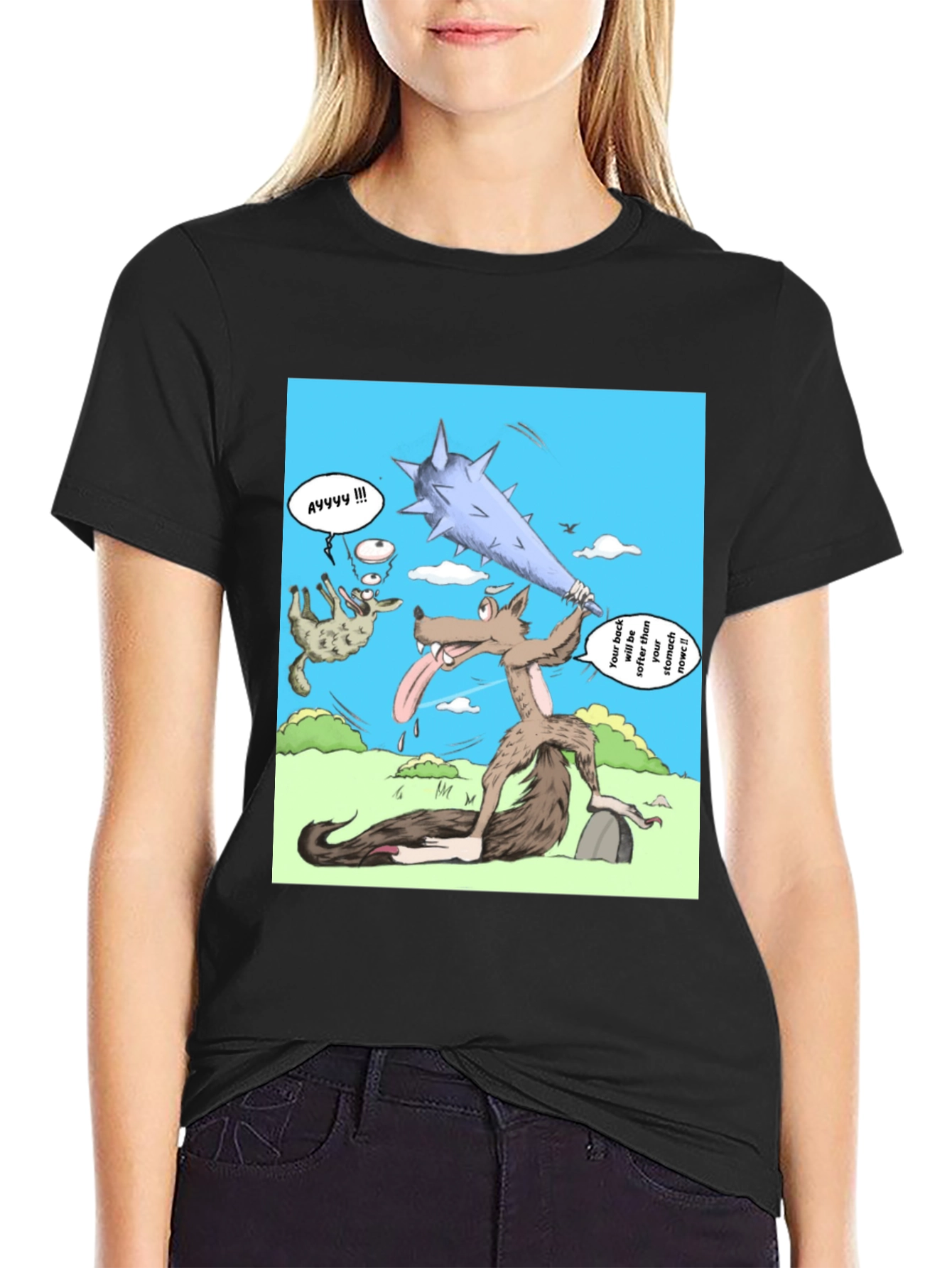 Black Cartoon Wolf T-Shirt view 2