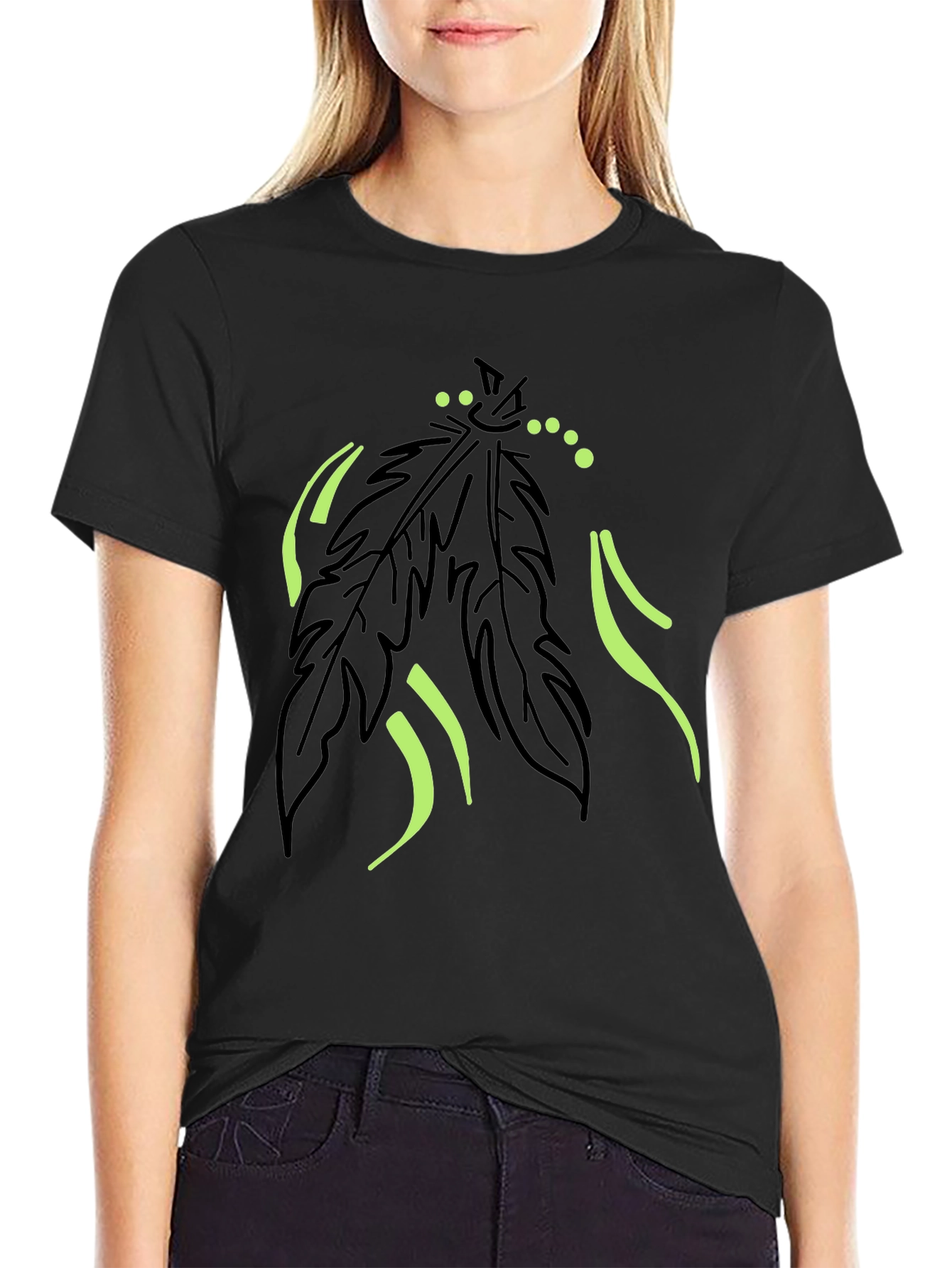 Black Men's Black T-Shirt with Feather Graphic Design view 2
