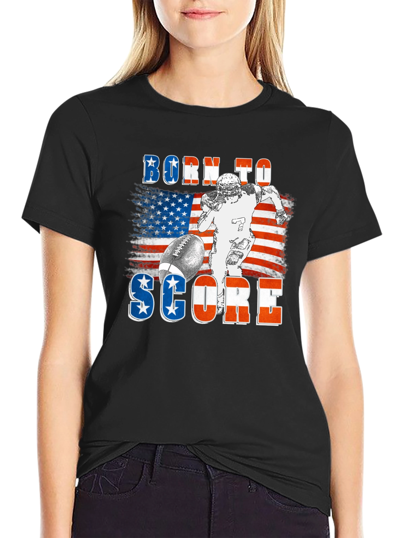Black Born To Score Football USA Flag T-Shirt view 2
