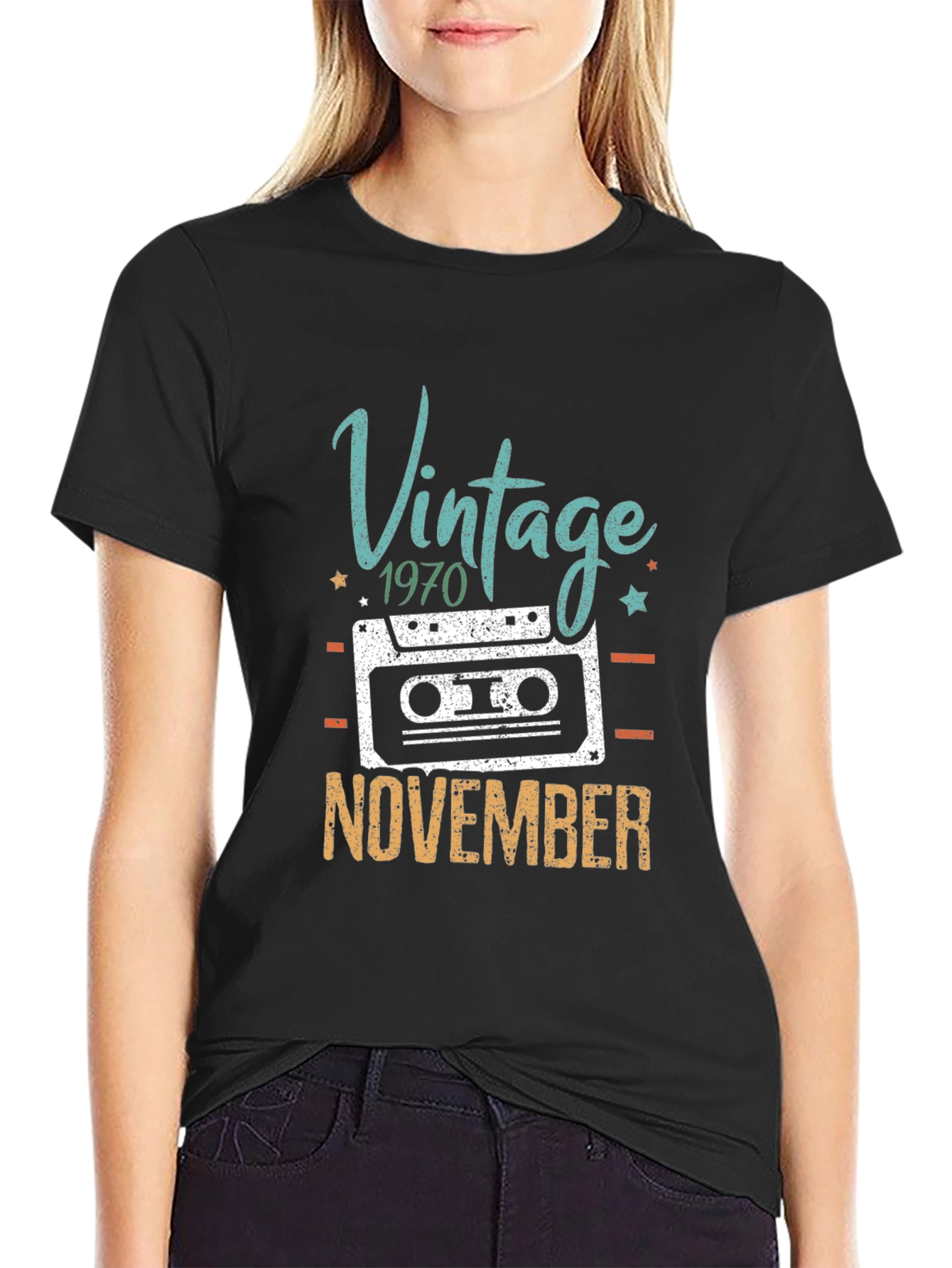 Black Vintage 1970 November Cassette Tape Birthday T-Shirt view 2