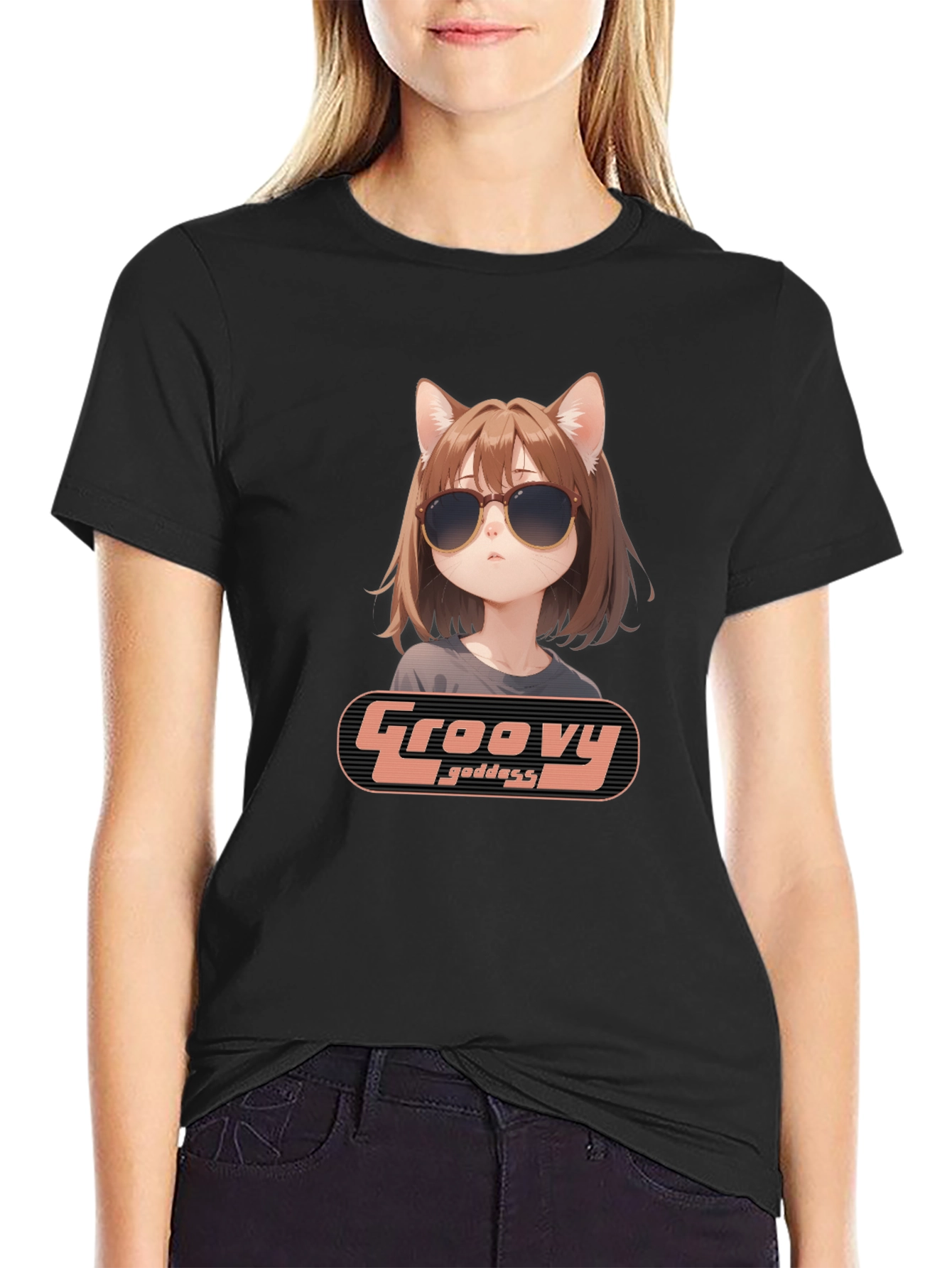 Black Groovy Goddess Anime T-Shirt view 2