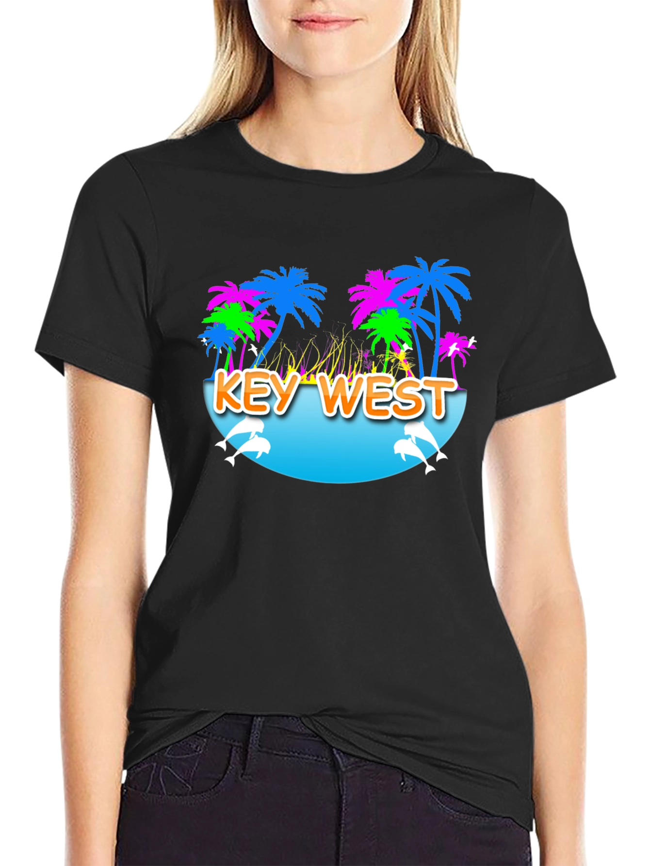 Black Key West Palm Tree Dolphin Graphic Tee view 2