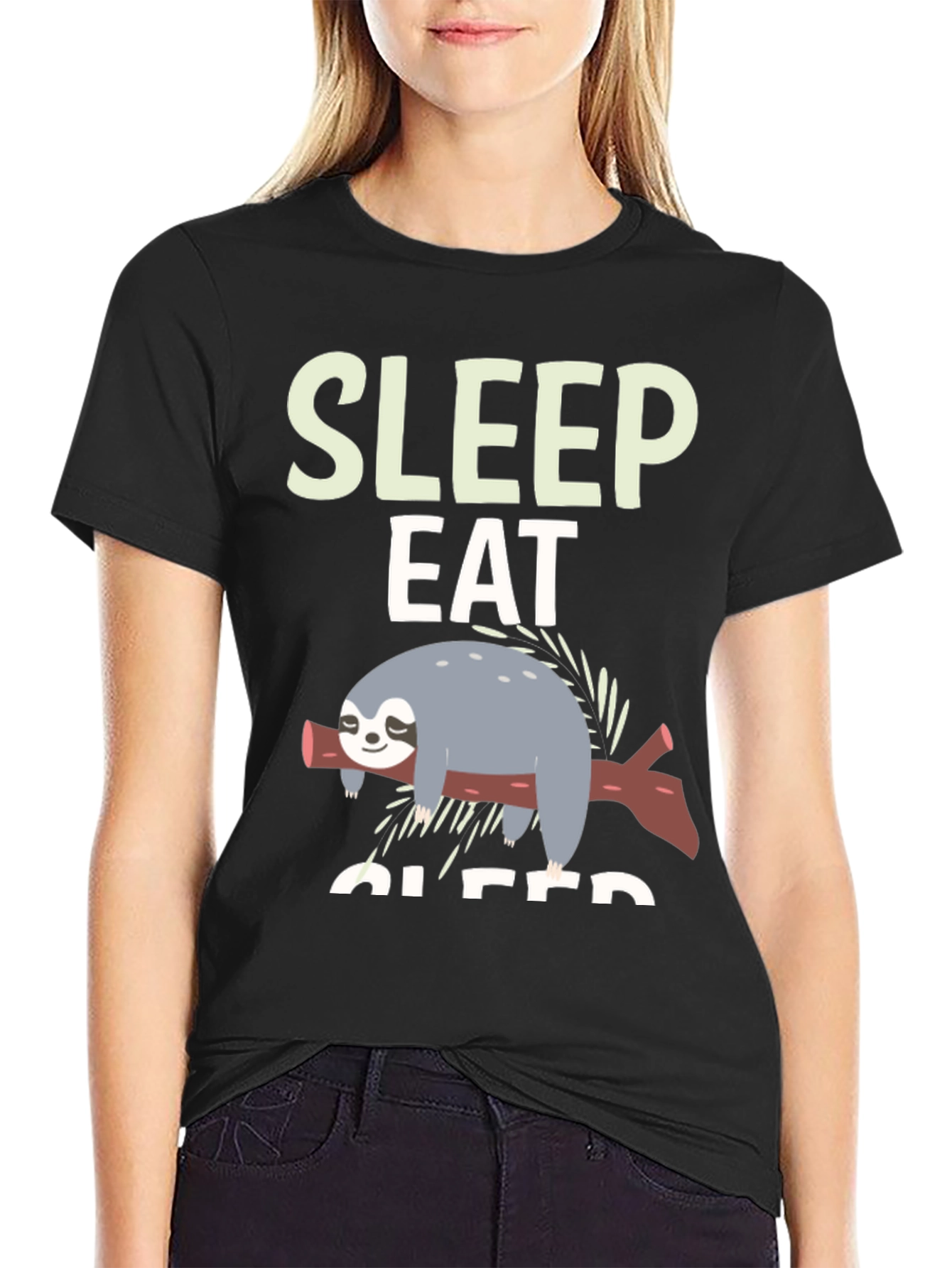 Black Sleep Eat Sloth Tee - Funny Relaxed Graphic T-Shirt view 2