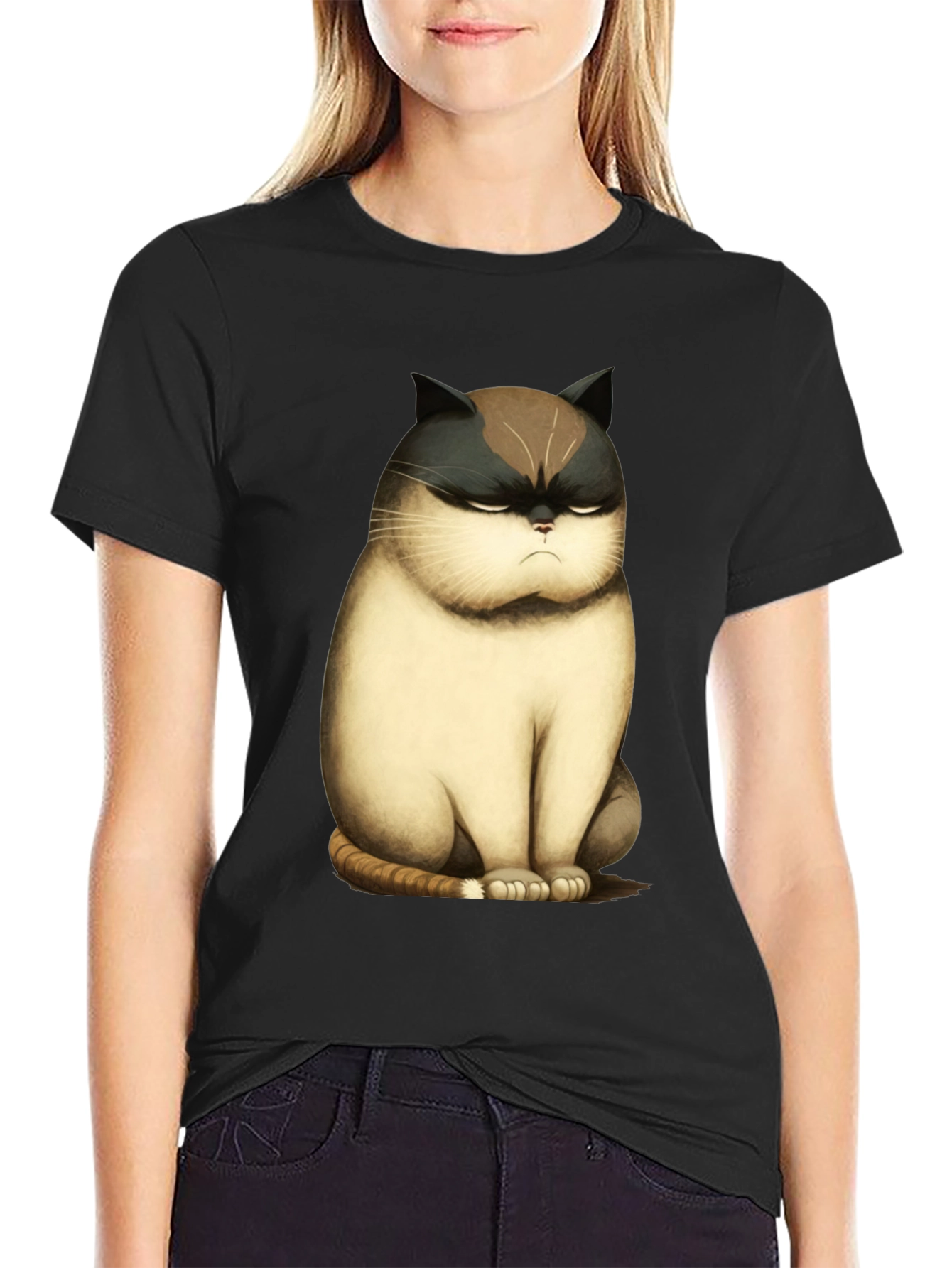 Black Grumpy Cat T-Shirt - Funny Cartoon Cat Tee view 2