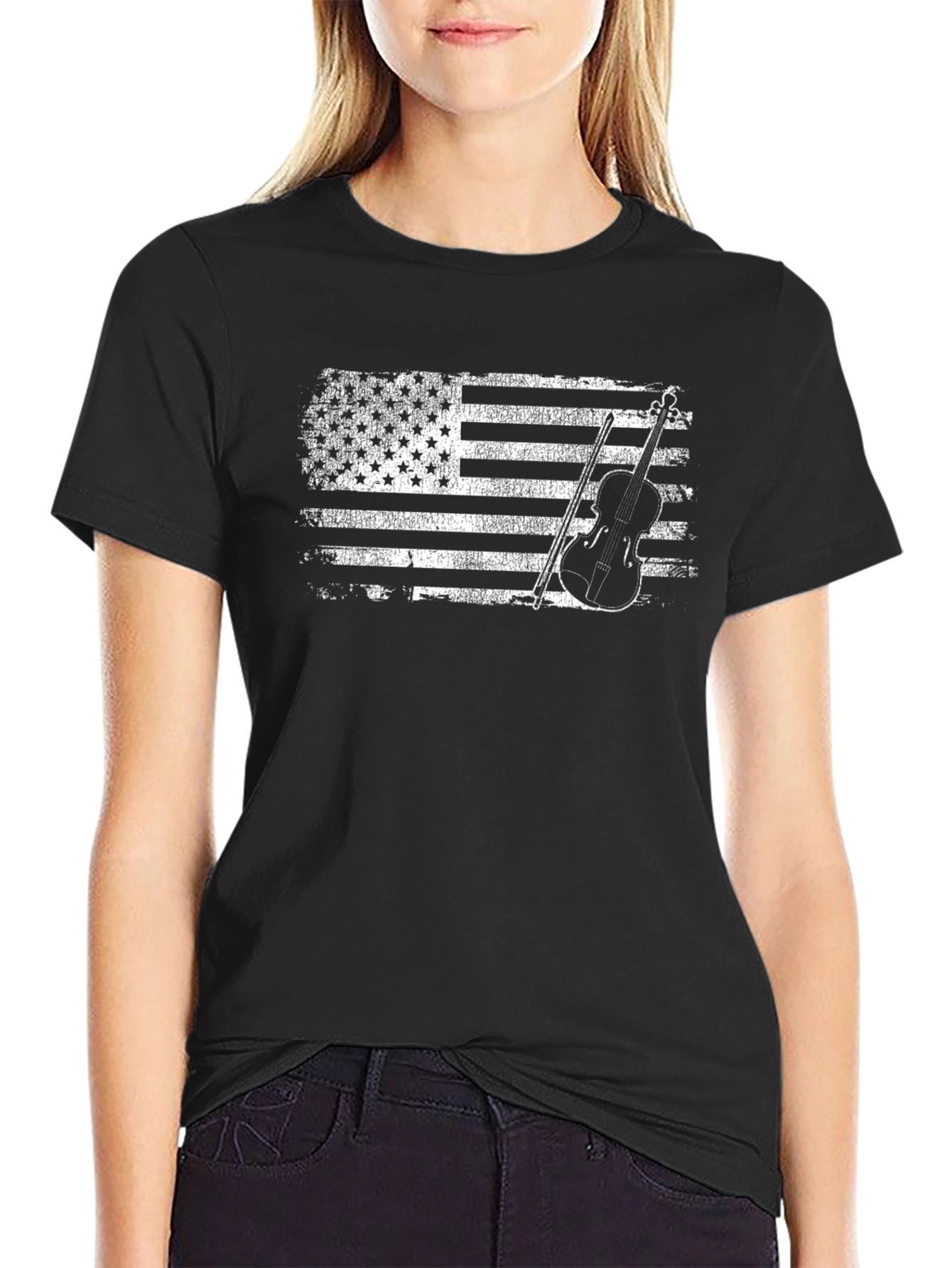 Black American Flag Violin T-Shirt view 2