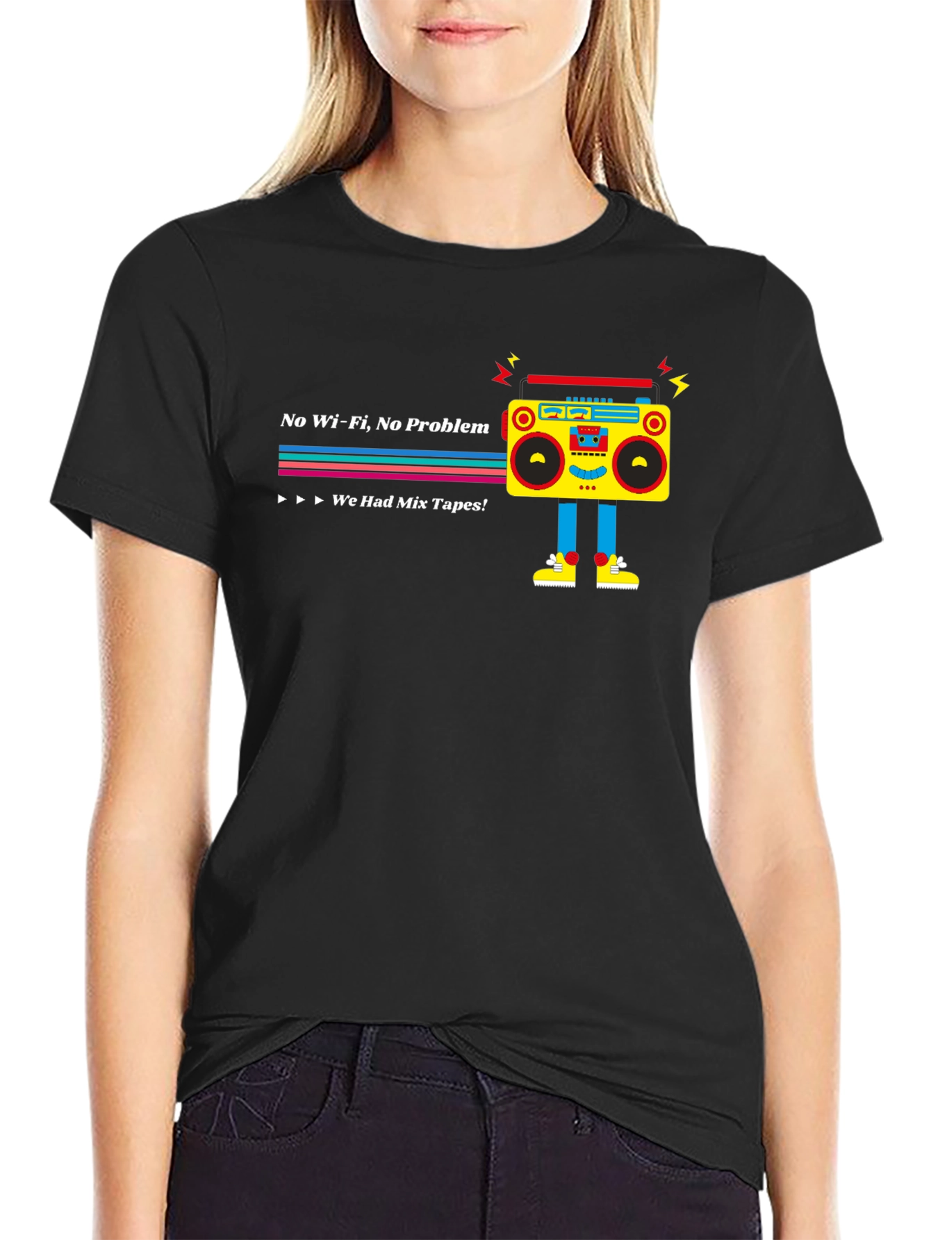 Black Retro Boombox T-Shirt - No Wifi, No Problem! view 2