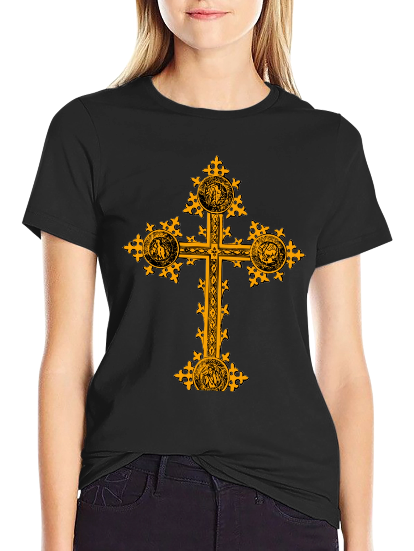 Black Ornate Gold Cross Graphic Print Black T-Shirt view 2