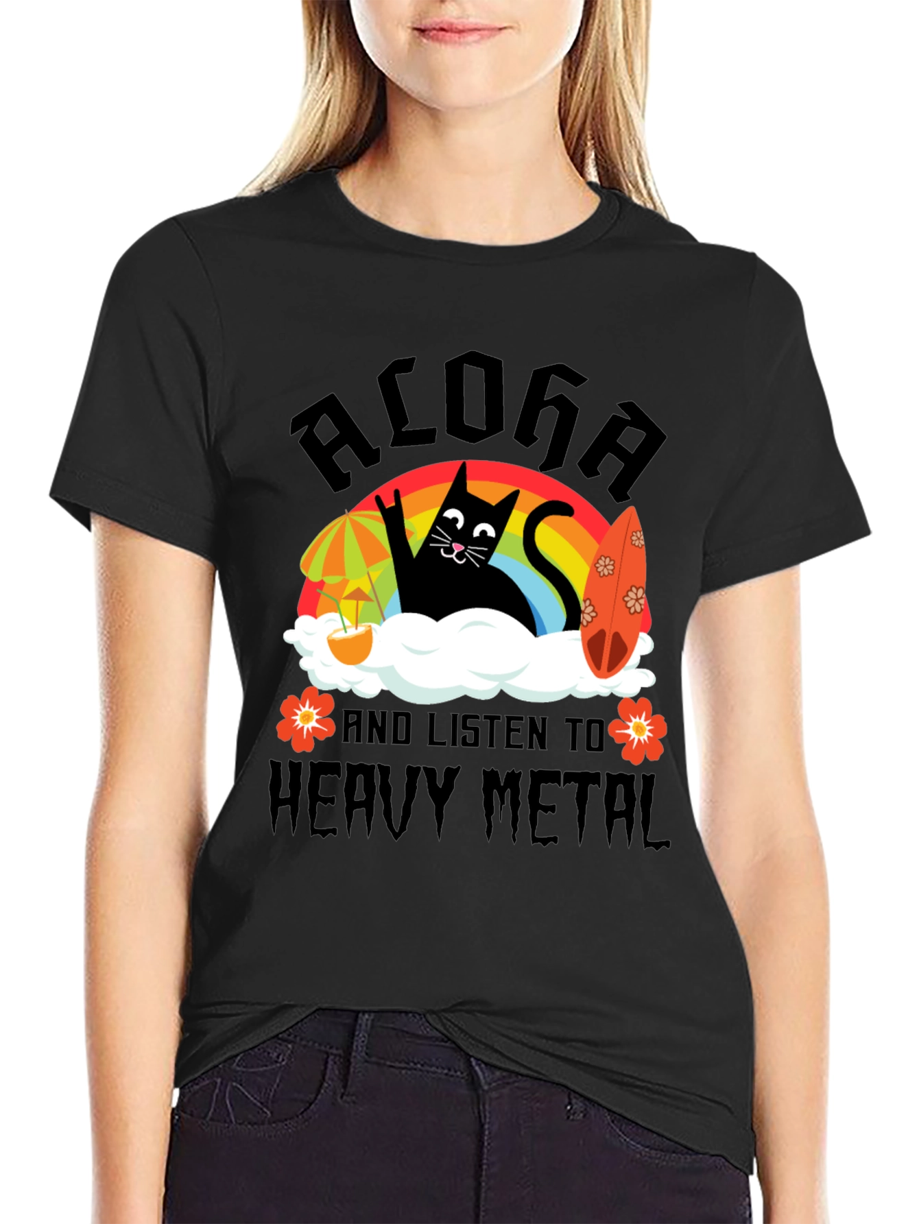 Black Aloha Heavy Metal Black Cat Graphic Tee view 2