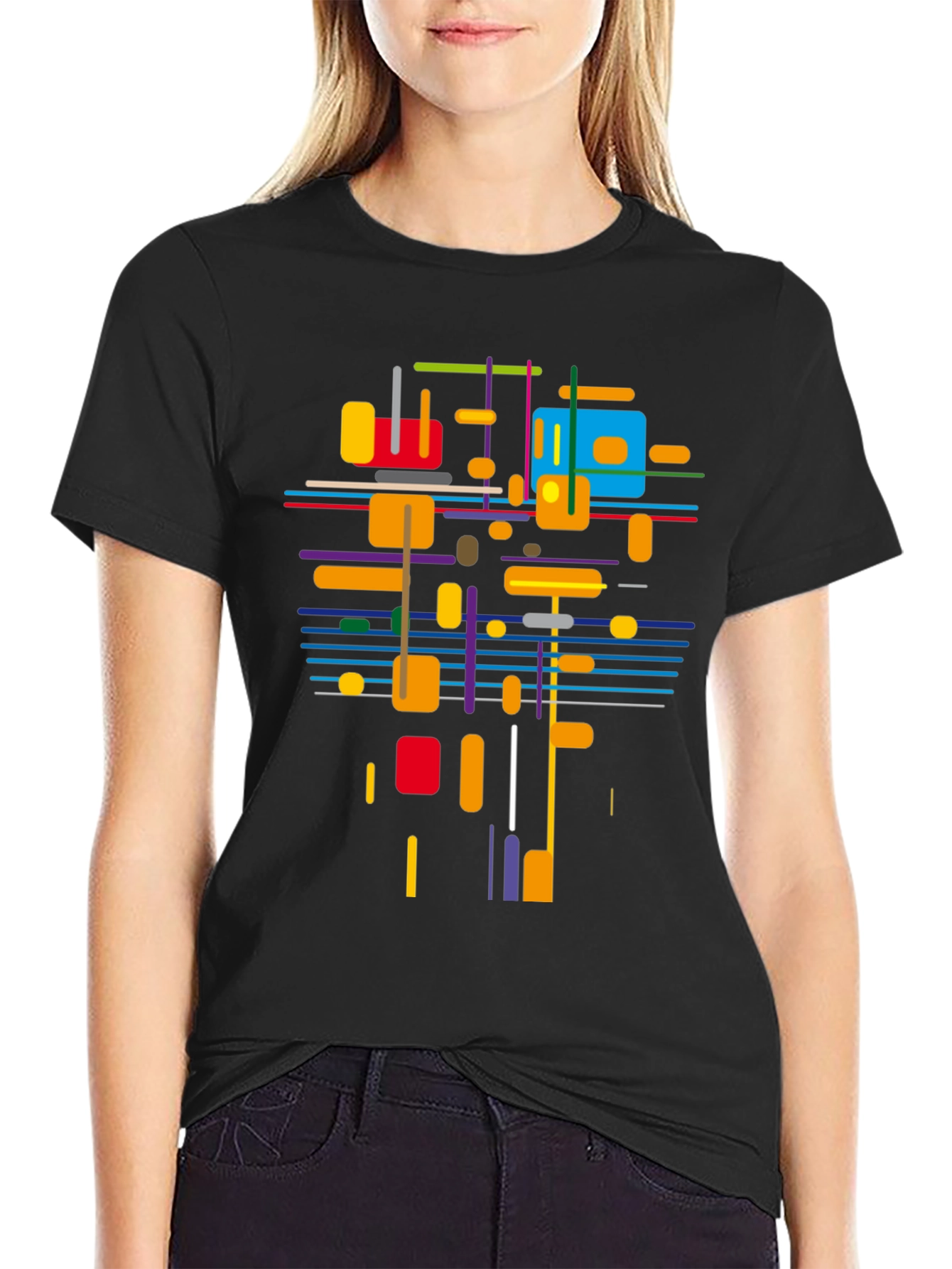Black Abstract Geometric T-Shirt - Modern Art Tee view 2