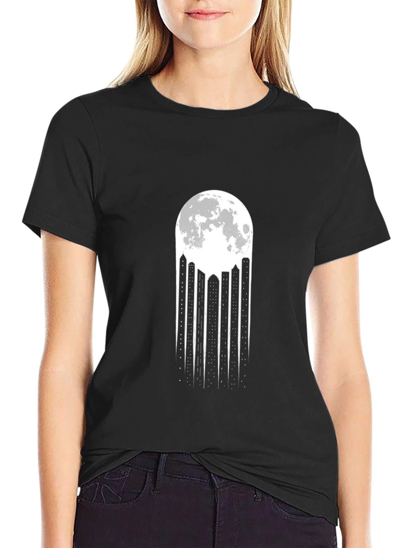 Black Moonlit Cityscape Black T-Shirt view 2