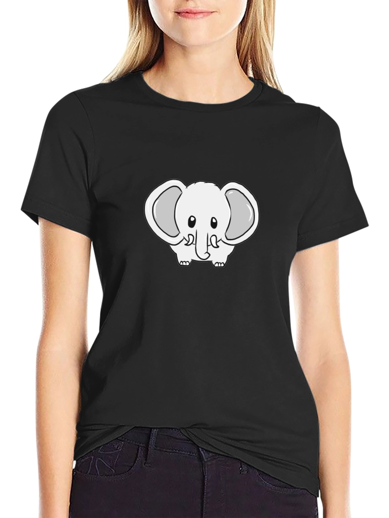 Black Cute Cartoon Elephant Black T-Shirt view 2