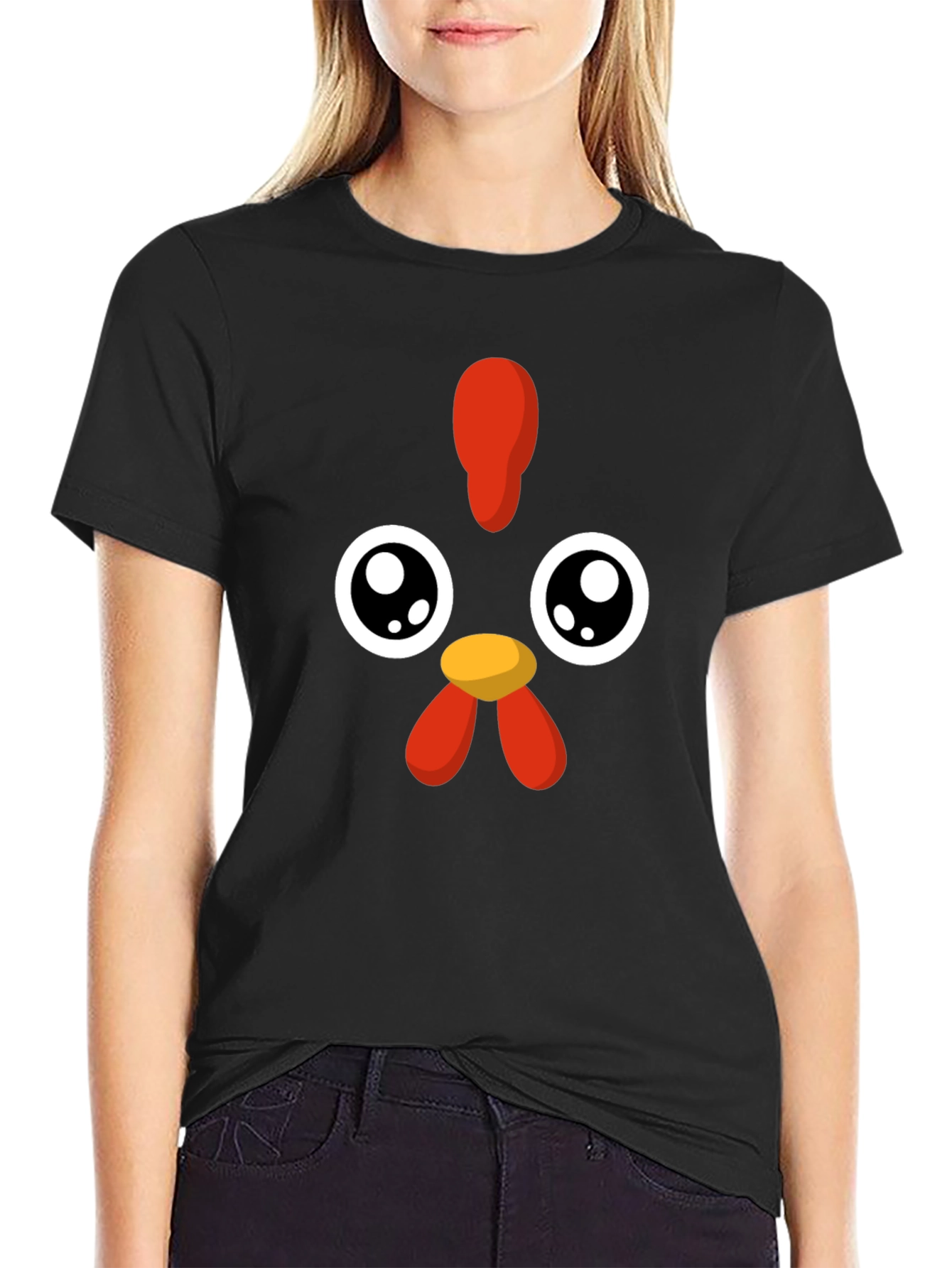 Black Cute Cartoon Chicken Graphic Black T-Shirt view 2