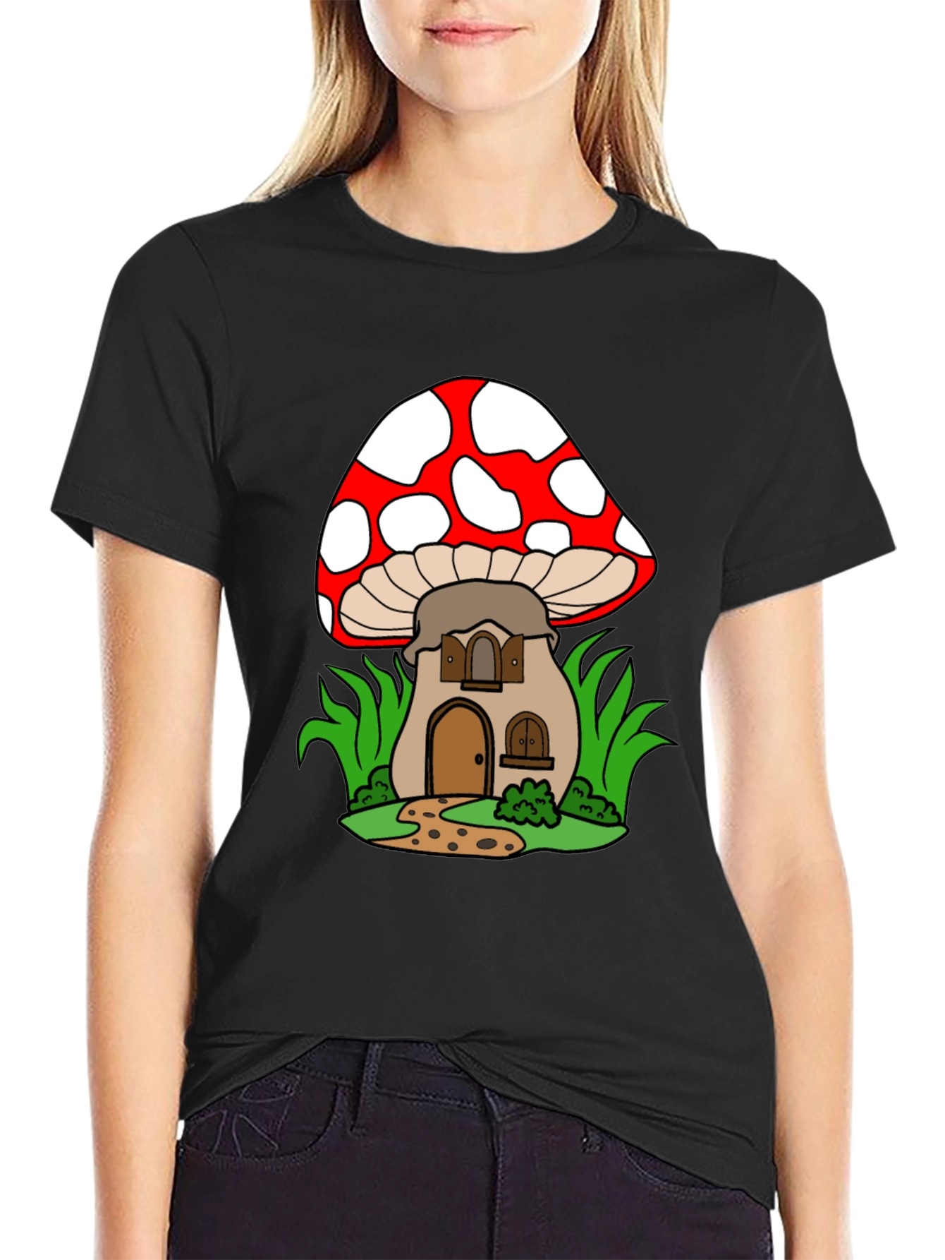 Black Mushroom House Graphic Tee - Fun & Unique Design view 2