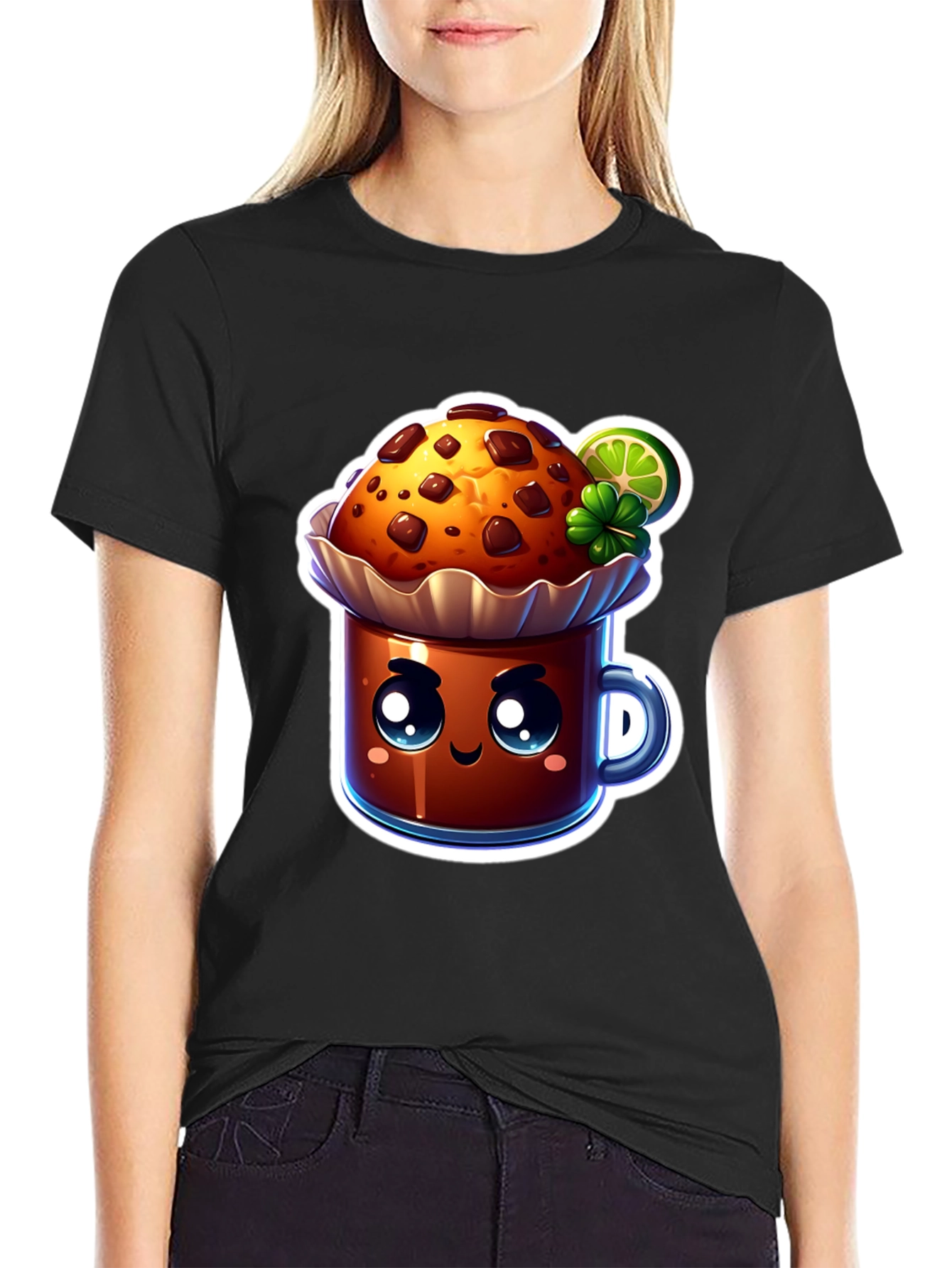 Black Cute Kawaii Cupcake Graphic T-Shirt view 2