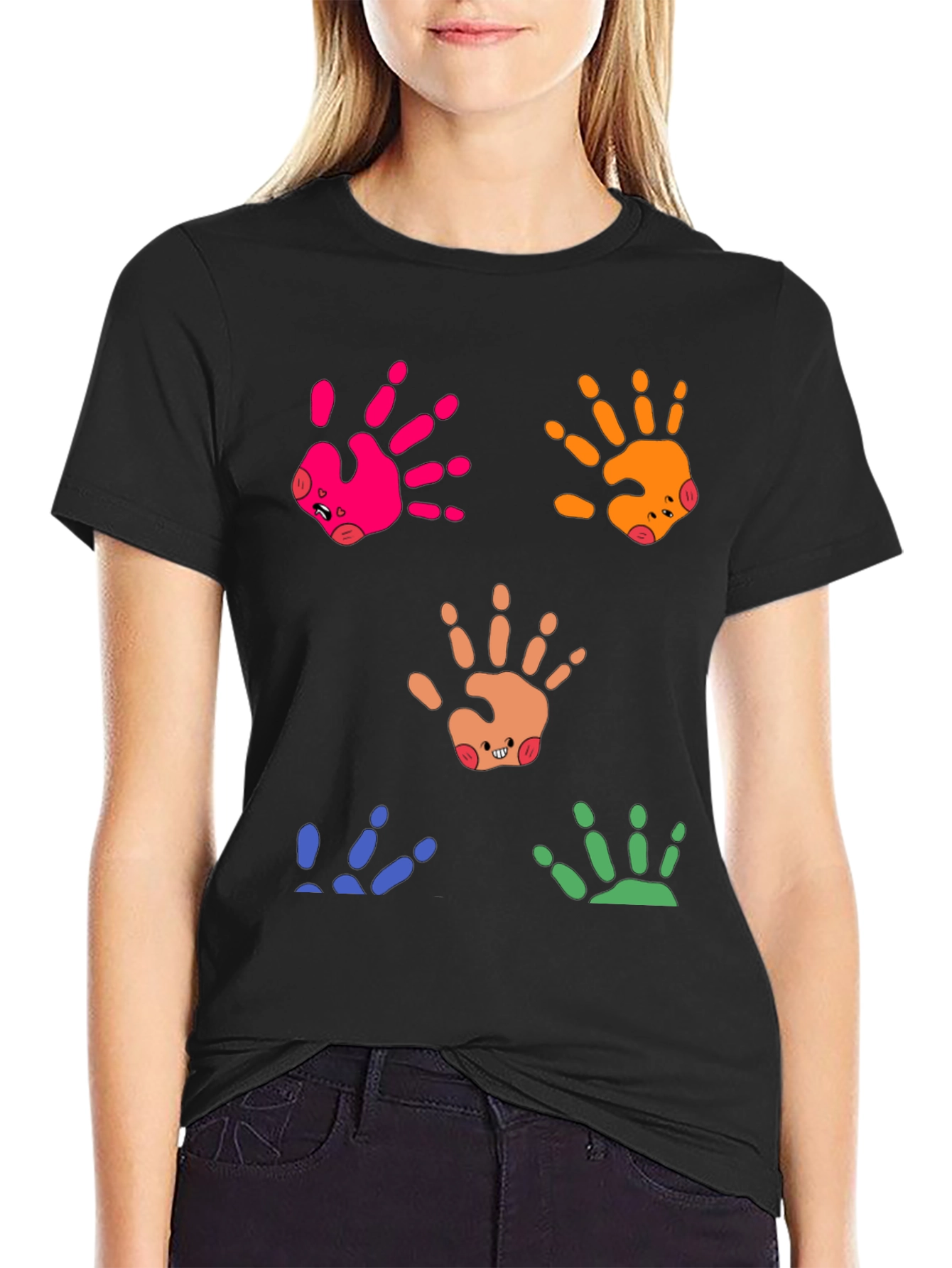 Black Colorful Handprint Graphic Tee - Whimsical Casual Wear view 2