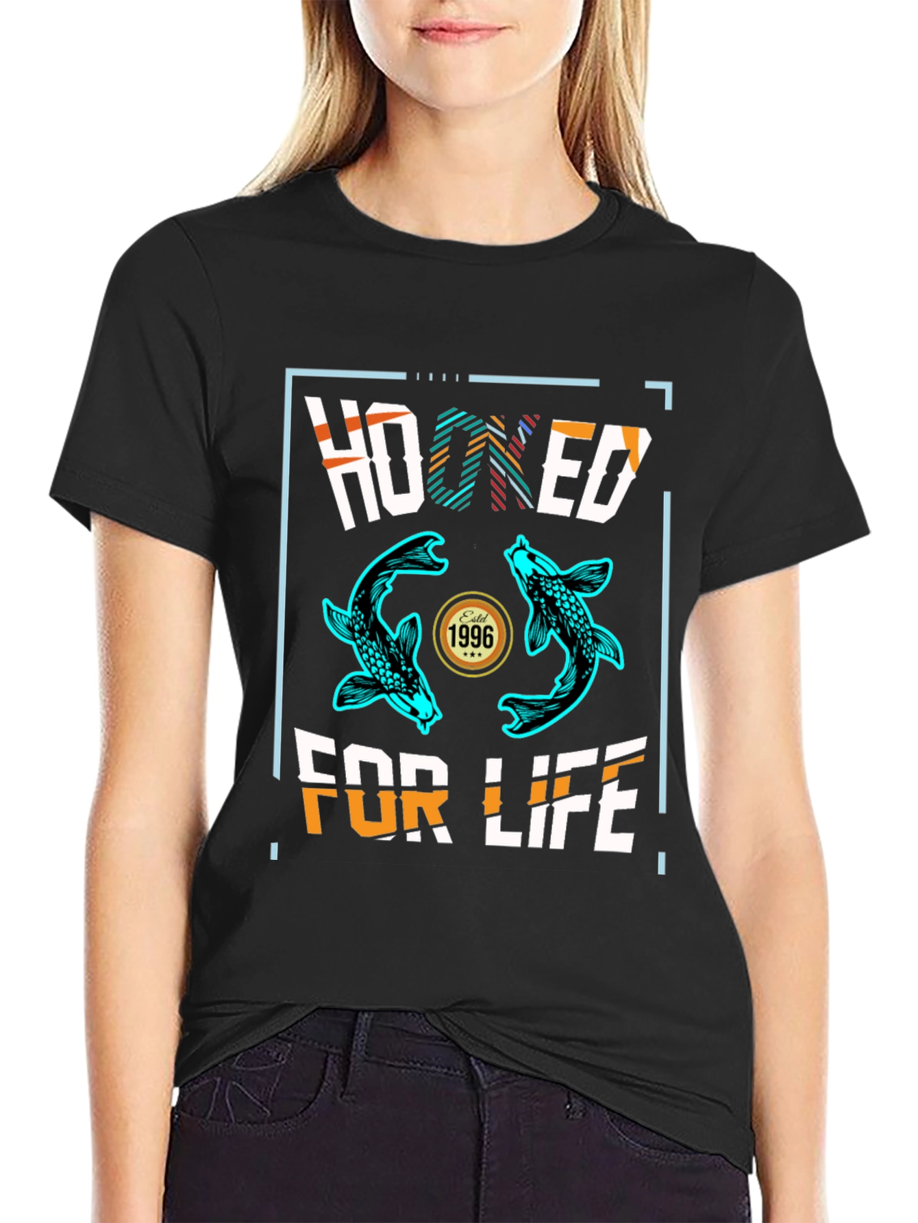 Black Hooked For Life Graphic Tee - Fishing T-Shirt view 2