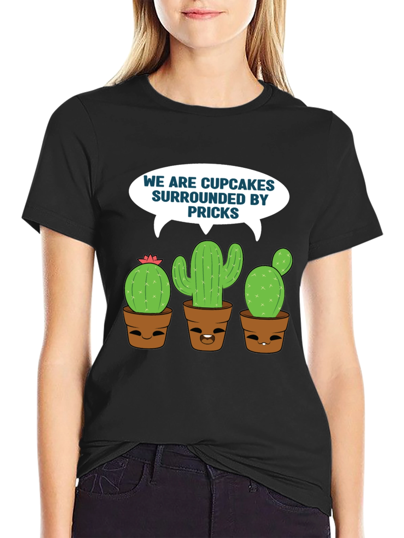 Black Funny Cupcakes & Pricks Cactus Graphic T-Shirt view 2