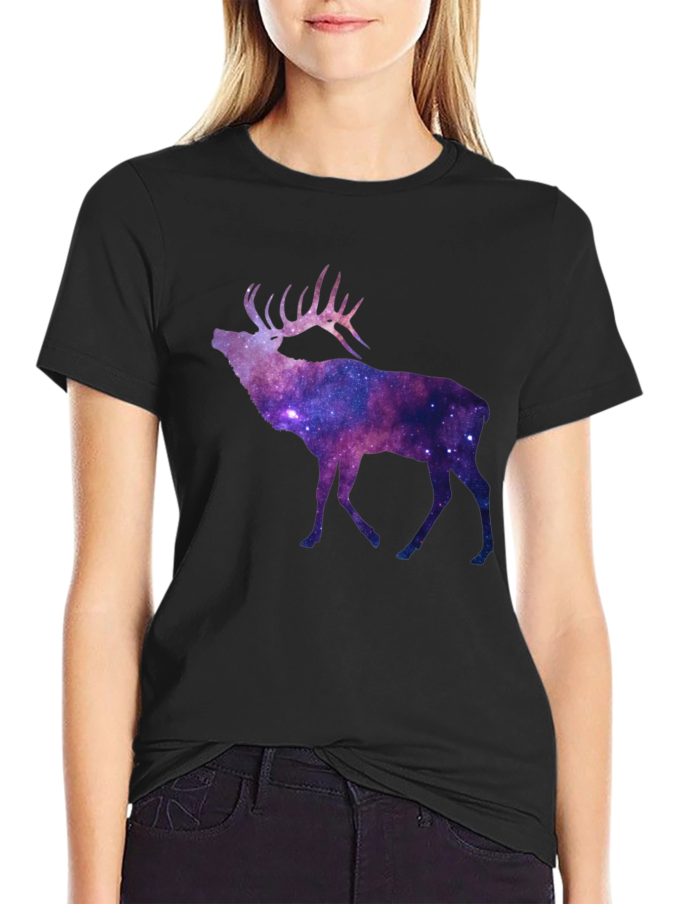 Black Galaxy Elk Graphic Tee - Black Short Sleeve T-Shirt view 2
