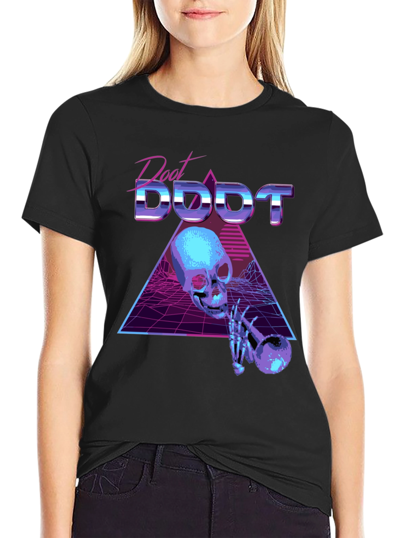 Black Synthwave Skeleton Trumpet Graphic Tee view 2