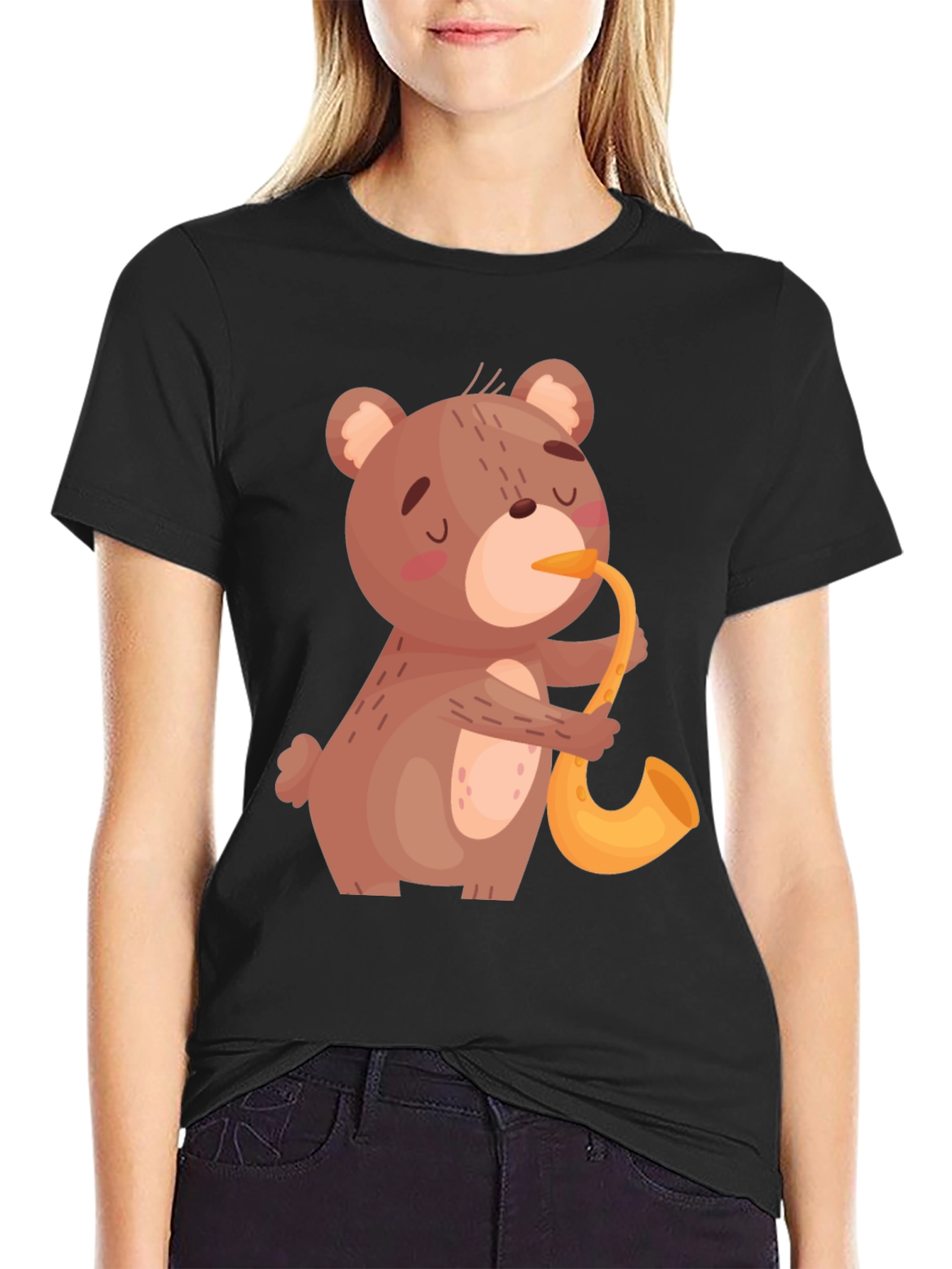 Black Bear Saxophone Graphic Tee - Cool Black T-Shirt view 2