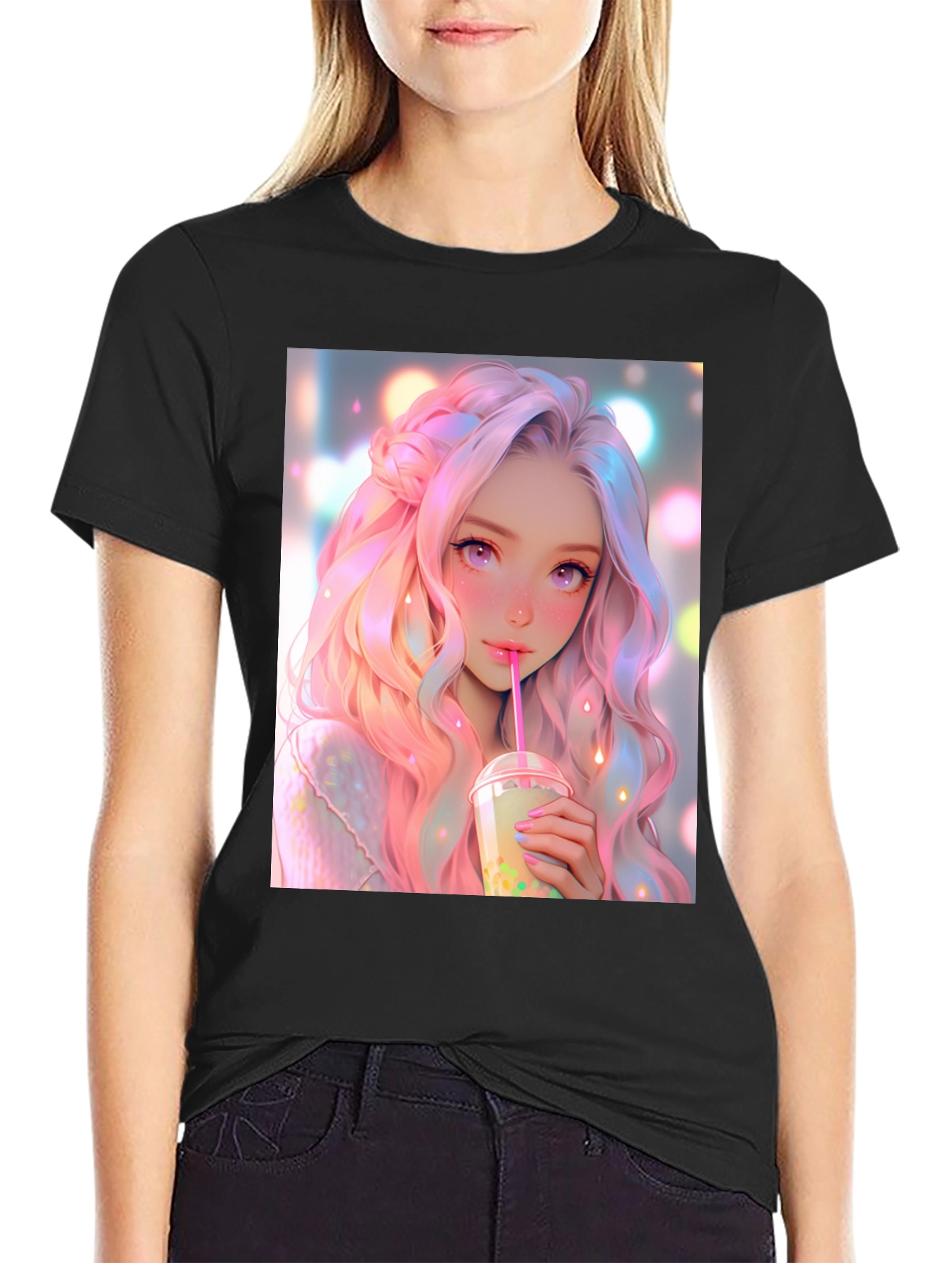 Black Anime Girl Bubble Tea Graphic T-Shirt view 2