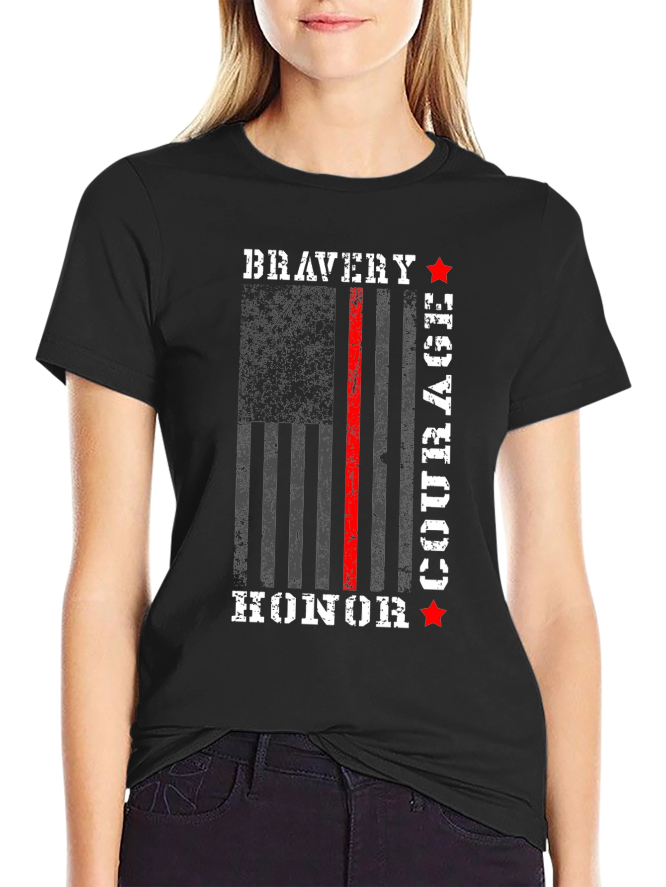 Black Bravery Courage Honor T-Shirt - Firefighter Thin Red Line view 2