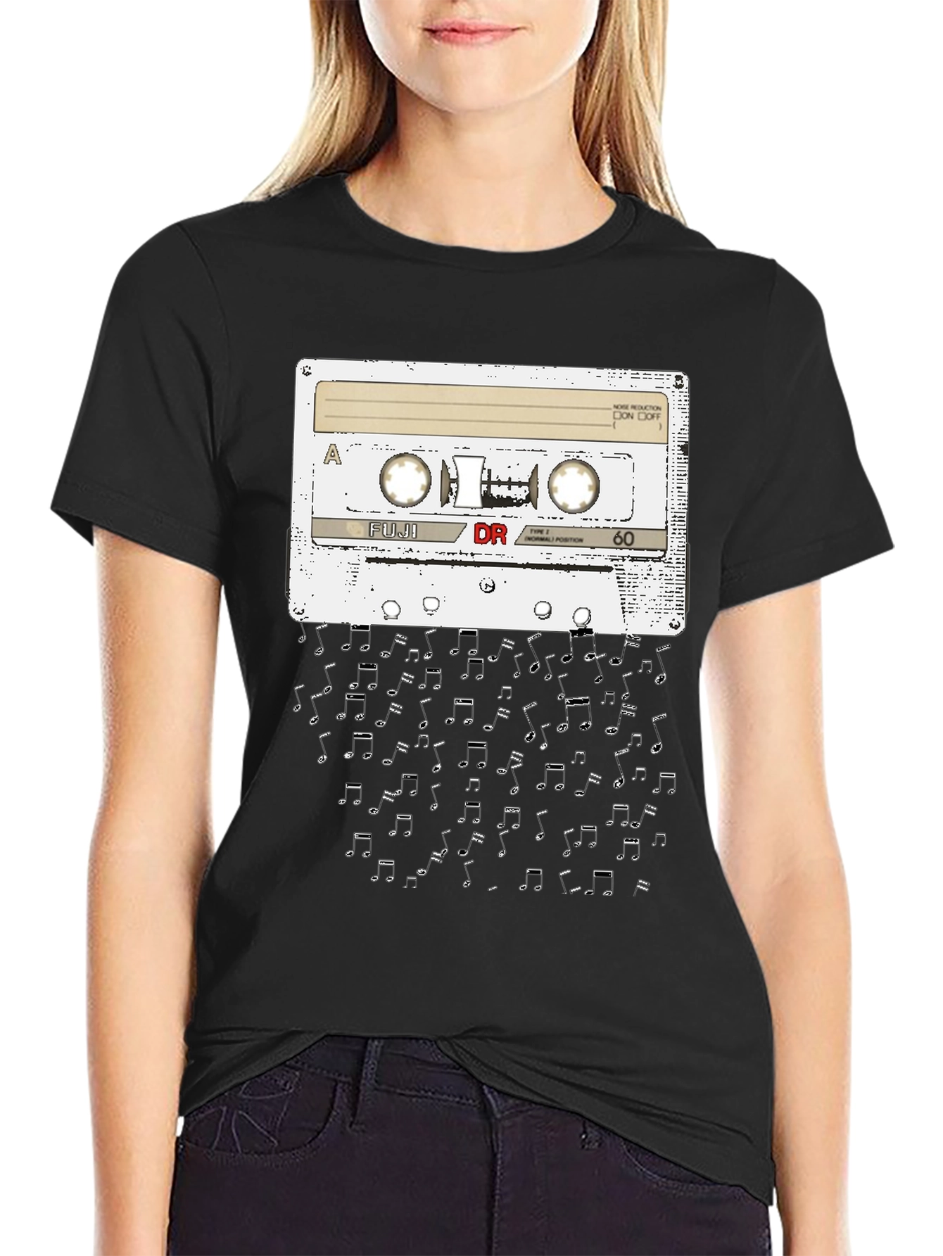 Black Retro Cassette Tape Music Notes Graphic T-Shirt view 2