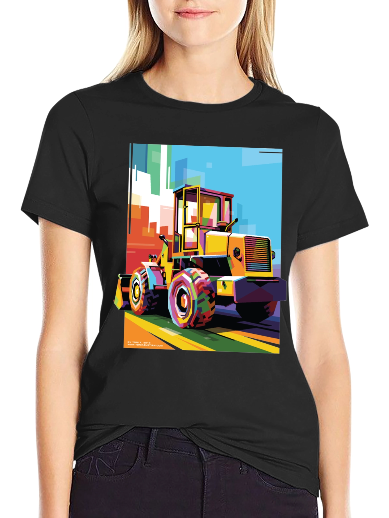 Black Bold Graphic Print T-Shirt - Construction Loader Art view 2