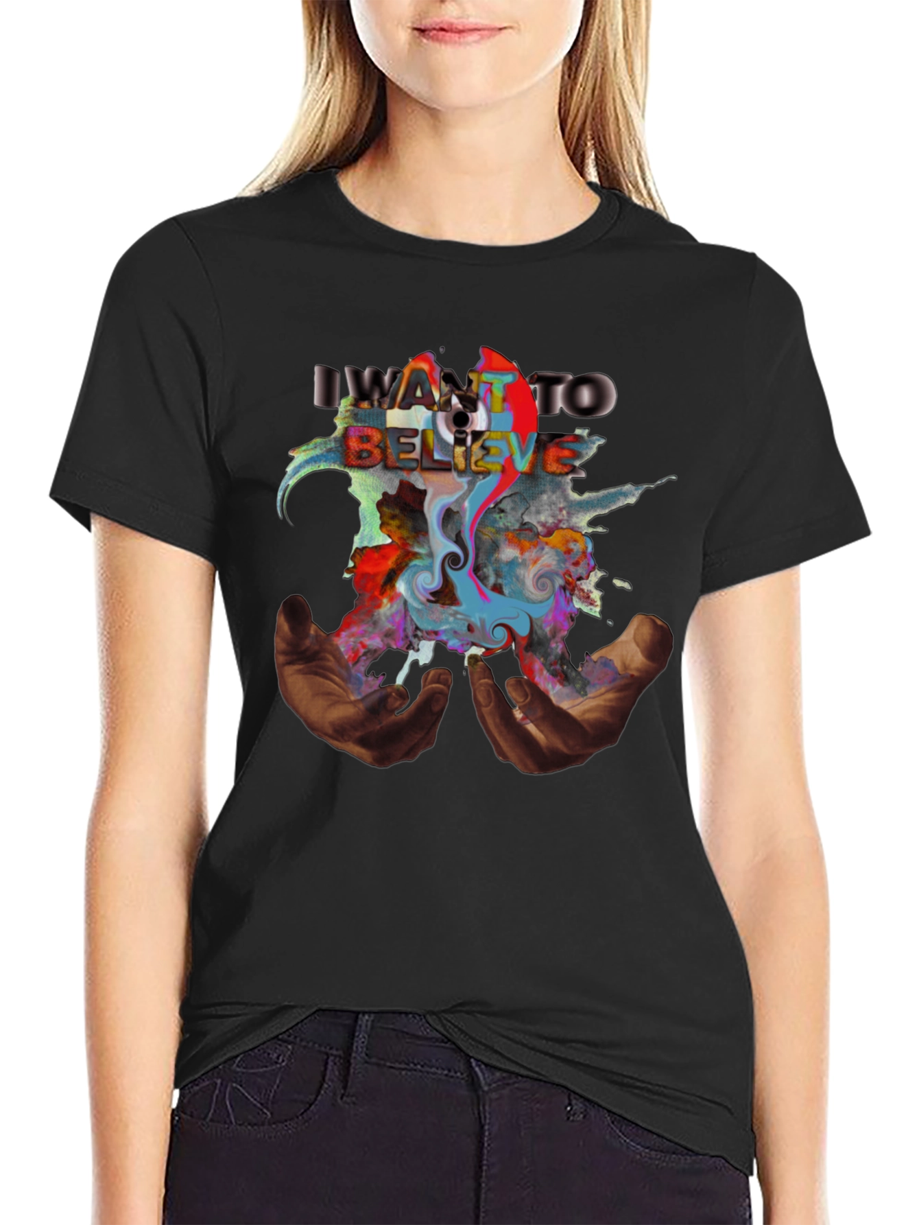 Black I Want to Believe T-Shirt with Abstract Art view 2