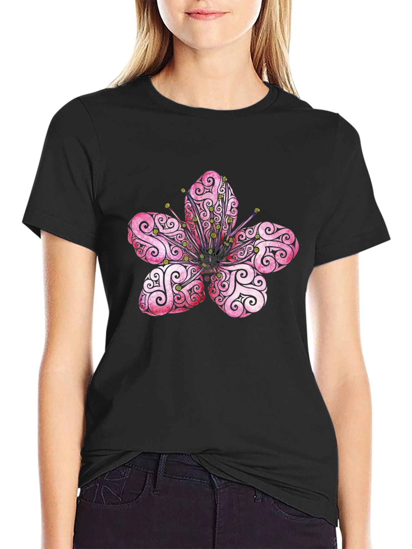 Black Floral Mandala Print Black T-Shirt view 2