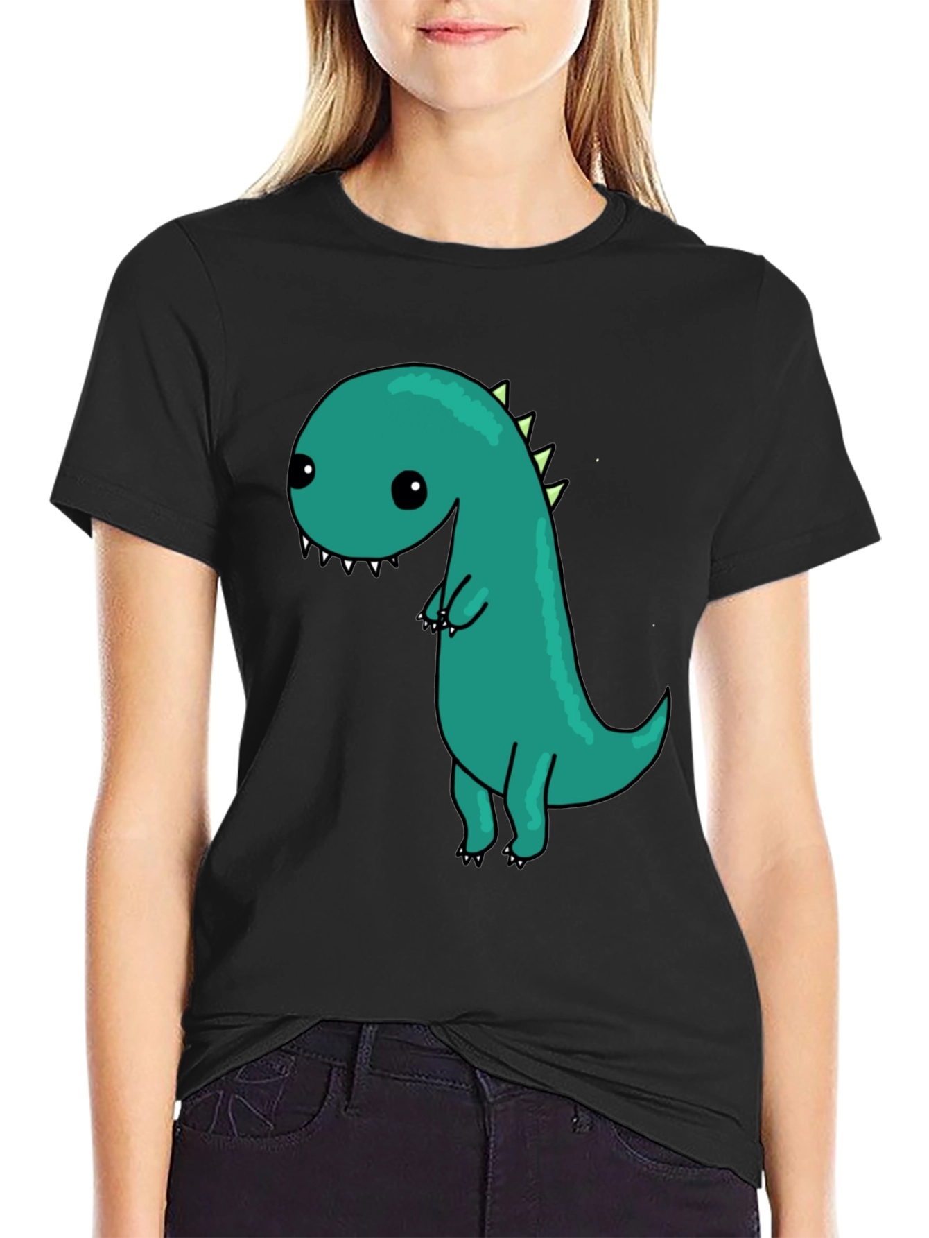 Black Cute Cartoon Dinosaur Graphic Black T-Shirt view 2