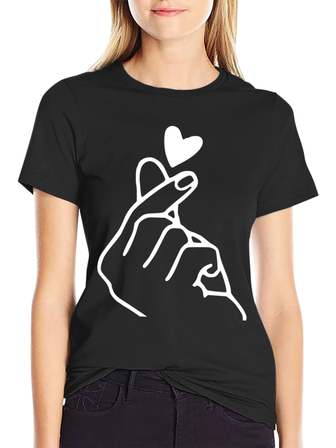Black Finger Heart T-Shirt - Korean Love Sign view 2