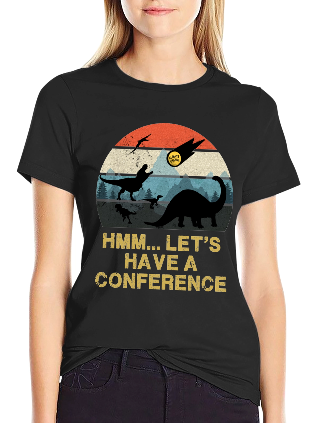 Black Dinosaur Climate Change Conference Graphic T-Shirt view 2