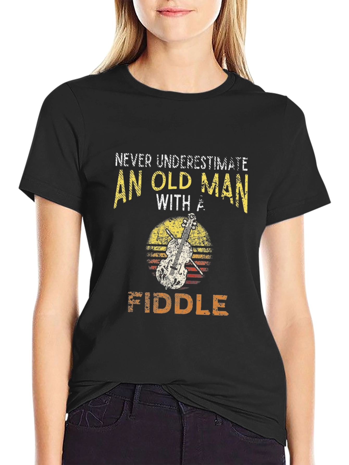 Black Never Underestimate an Old Man with a Fiddle T-Shirt view 2