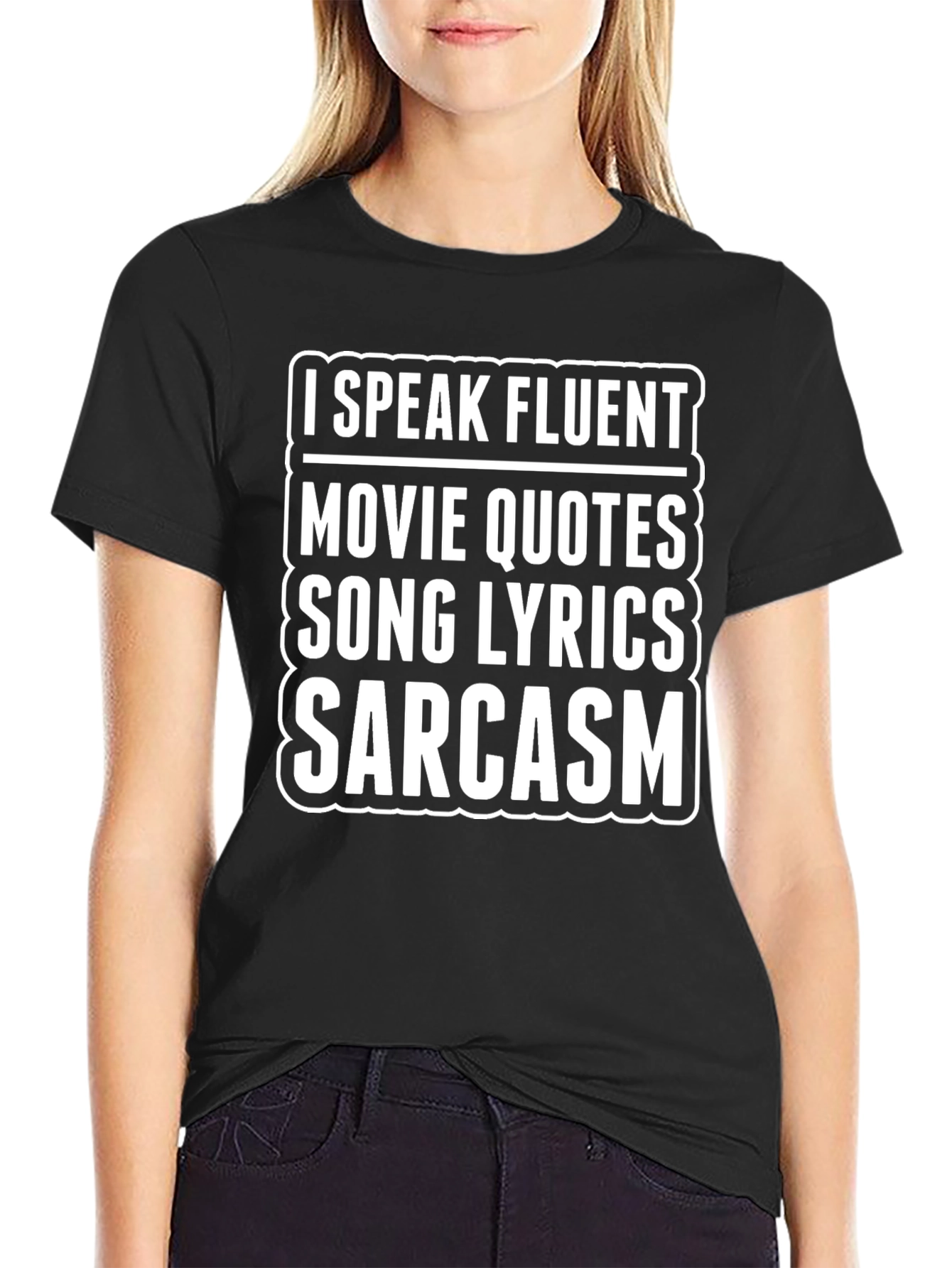 Black Funny Sarcastic T-Shirt - Speaks Fluent Movie Quotes, Lyrics view 2